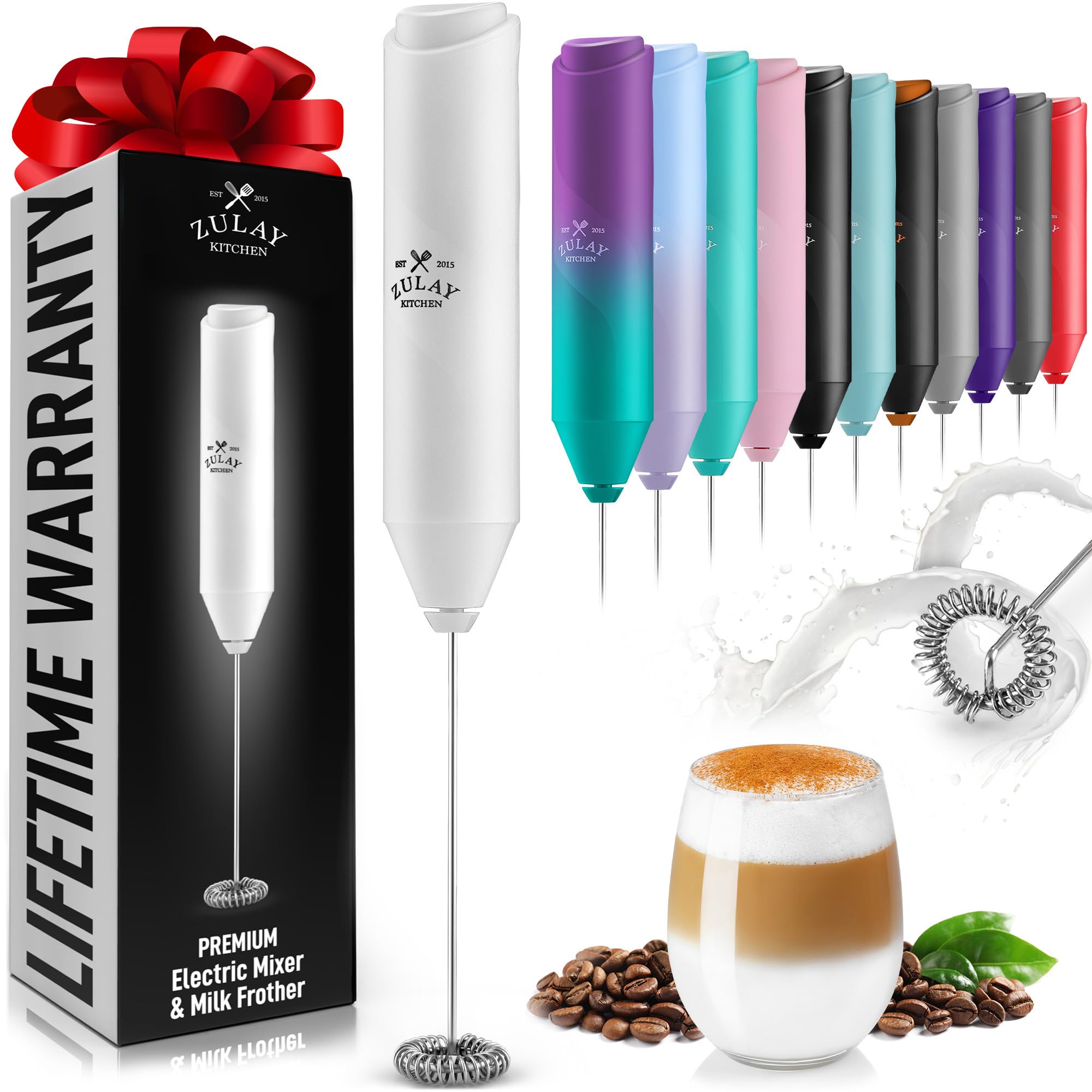 Zulay Kitchen Powerful Milk Frother Wand - Handheld Stainless Steel - Battery Operated Drink Mixer for Coffee, Lattes, Cappuccino, Matcha - Froth Mate Frother Gift - Glacier White