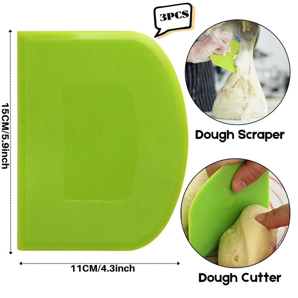 SURDOCA Dough Scraper Bench Scraper - 3P 5.9x4.3" Plastic Flexible Bowl Scraper, Sharp Edge & Angles Cake Scraper. Non-Slip Bakeware Decorating Tools Sculpting & Modeling Tools - Green+Pink+Green