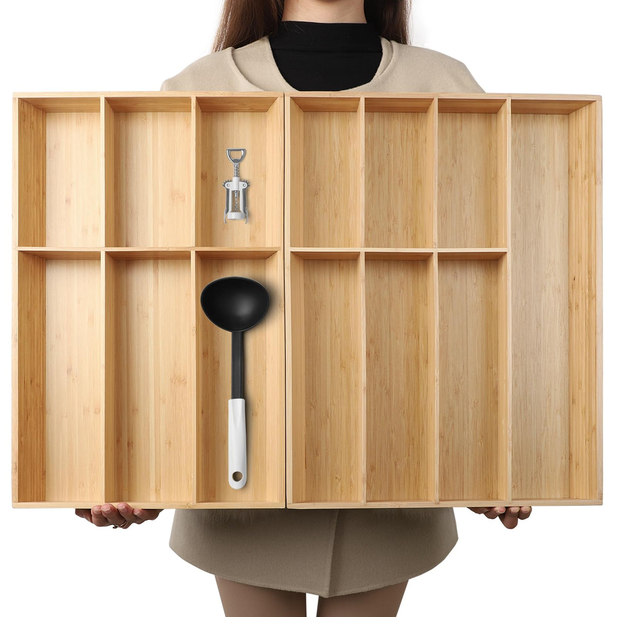 BAMOTTO CRAFTBAMBOO Expandable Bamboo Drawer Organizer for Kitchen, 8 Slot