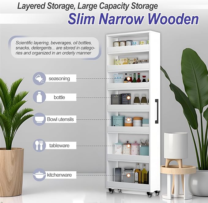 7-Tier Slim Storage Cart, Wooden Rolling Pantry Cabinet with Wheels, Narrow Shelf Organizer for Kitchen, Bakers Rack, Dining Room, Closet, Small Spaces Dark Walnut 47.2" H*7.8" W*23.6" D