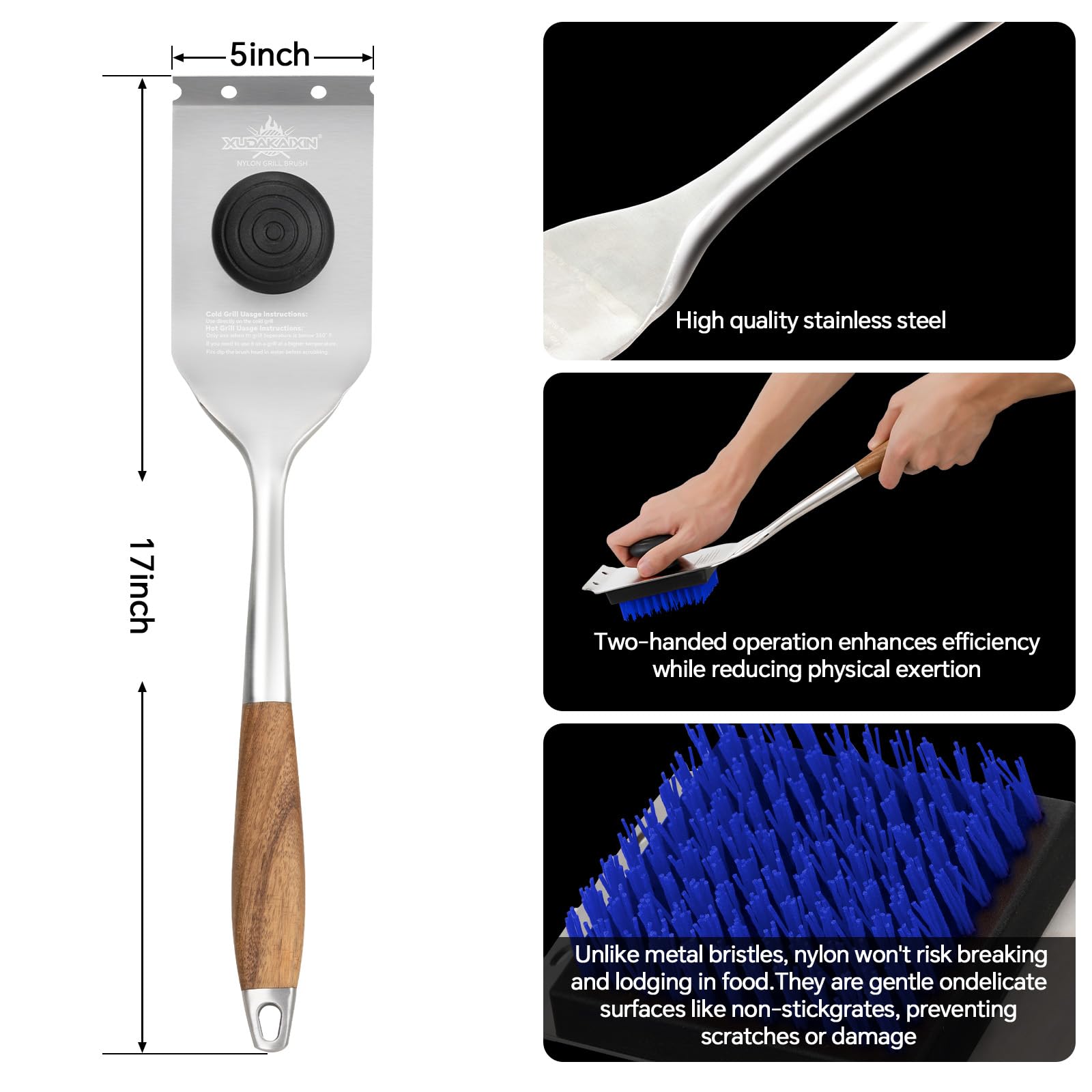 XUDAKAIXIN Grill Brush and Scraper, Dual Grip Design,Extra Strong BBQ Cleaner Accessories,Safe Nylon Bristles Barbecue Triple Scrubbers Cleaning Brush for Cast Iron Grates/Porcelain/Charcoal Grill