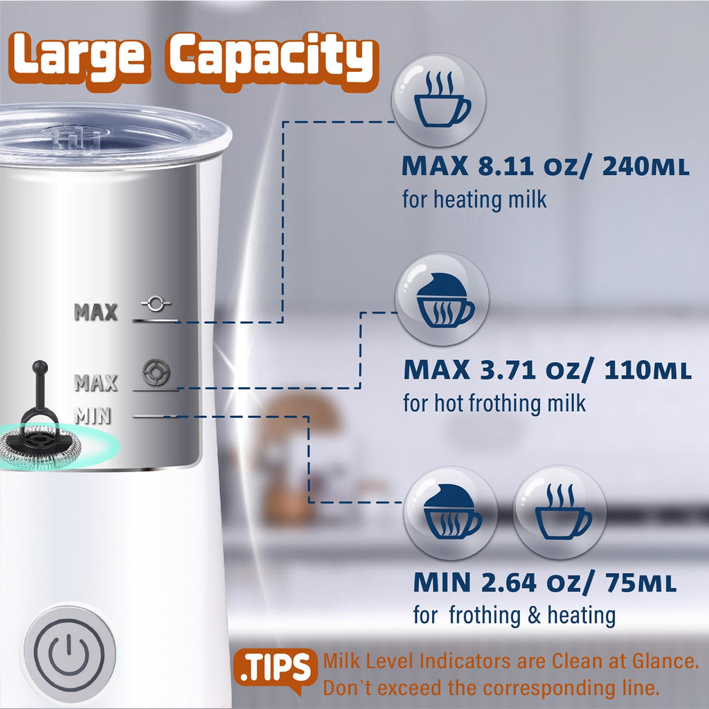 Seydere Simple Milk Frother, 2 in 1 Milk Steamer and Frother, Electric Milk Steamer, Milk Warmer and Hot Milk Foam Maker for Latter, Macchiato, Cappuccinos (White)