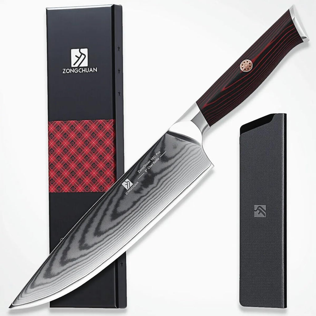 zongchuan 8-Inch Damascus Chef Knife, 67-Layer High Carbon Stainless Steel Kitchen Knife with Ergonomic Blue Black G10 Handle, Protective Sheath & Gift Box for Home and Professional Cooking