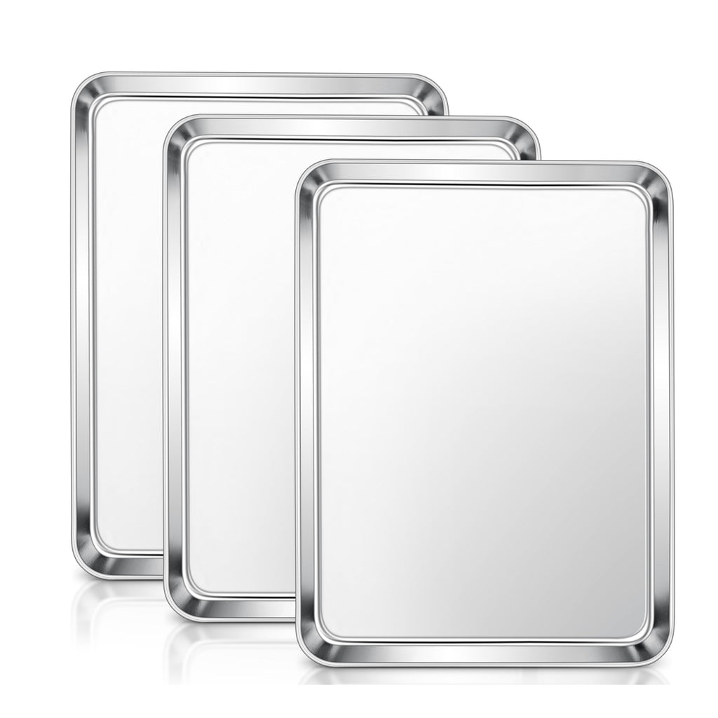 E-far Stainless Steel Baking Sheets Set of 3, 12.4” x9.7” Baking Cookie Sheets Pans for Oven, Non-toxic Metal Trays for Cake Cookies, Healthy & Rust Free, Mirror Finish & Dishwasher Safe
