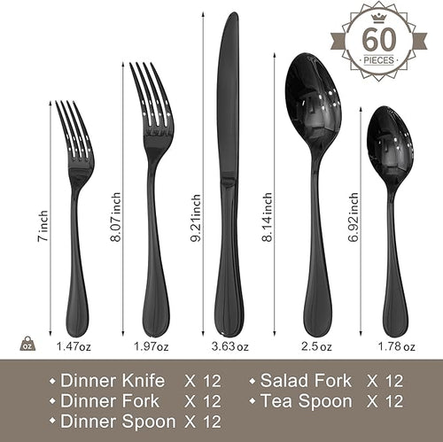 18/10 Stainless Steel Silverware Set for 12, 60 Piece Black Flatware Set