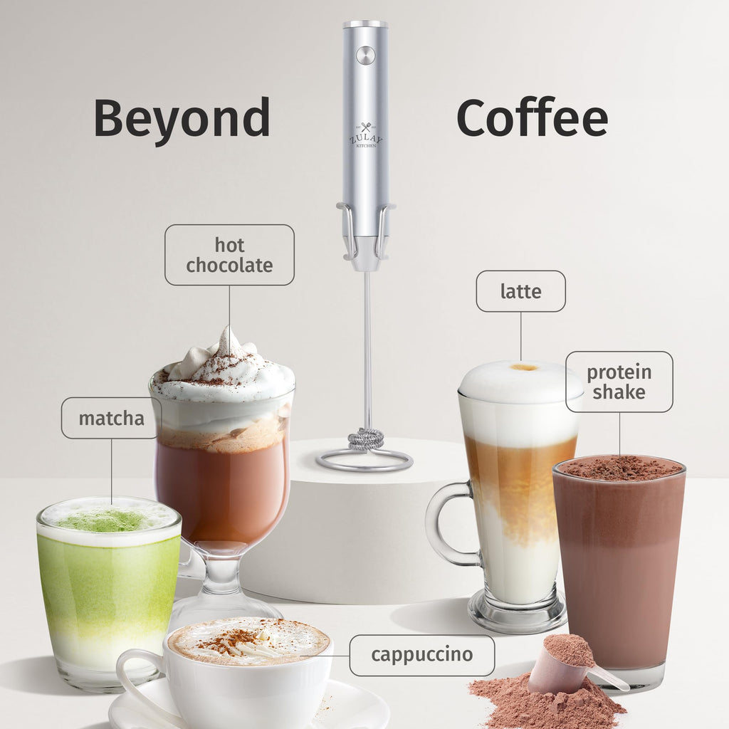 Zulay Kitchen Rechargeable Milk Frother Handheld - Frother Wand, Drink Mixer, Electric Whisk Frother, for Cappuccinos, Matcha & Protein Powder - Lux Double Whisk 2 Speed Waterproof 2000mAh Silver