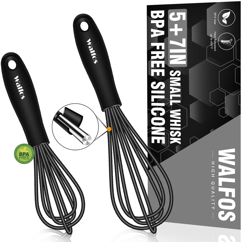 Walfos Whisk 5+7in Mini Whisk,Silicone Whisks Non Scratch Heat Resistant (480°F). Nice for stirring individual eggs and mixing small amounts of powder and sauce.Dishwasher Safe.Black