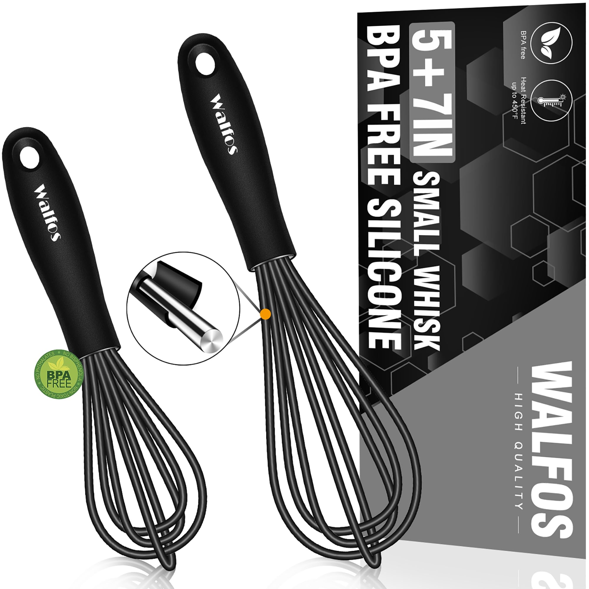 Walfos Whisk 5+7in Mini Whisk,Silicone Whisks Non Scratch Heat Resistant (480°F). Nice for stirring individual eggs and mixing small amounts of powder and sauce.Dishwasher Safe.Black