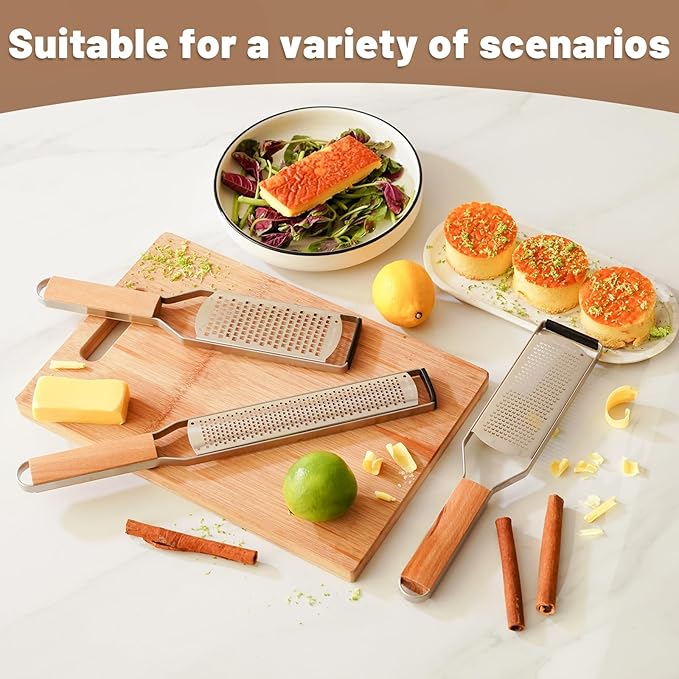 SHIKORI Professional Cheese Graters for Kitchen Stainless Steel Handheld, Metal Lemon Zester Grater With Wood Handle For Cheese, Chocolate, Spices, Kitchen Gadgets And Tools-Wideboard