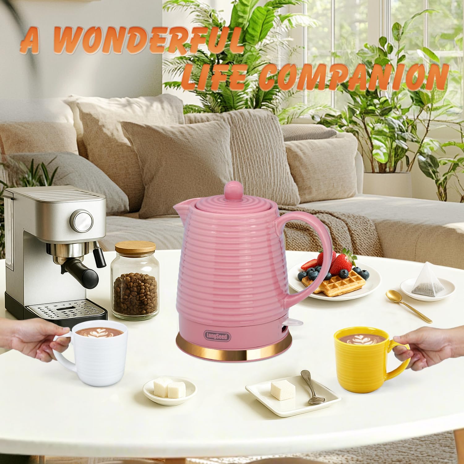 LONGSEED 1.2 Liters Ceramic Electric Kettle with Infuser & Mug Set,1000W Fast Boil Water for Tea Coffee, Teapot with Boil-Dry Protection Auto Shut Off, Detachable Swivel Base