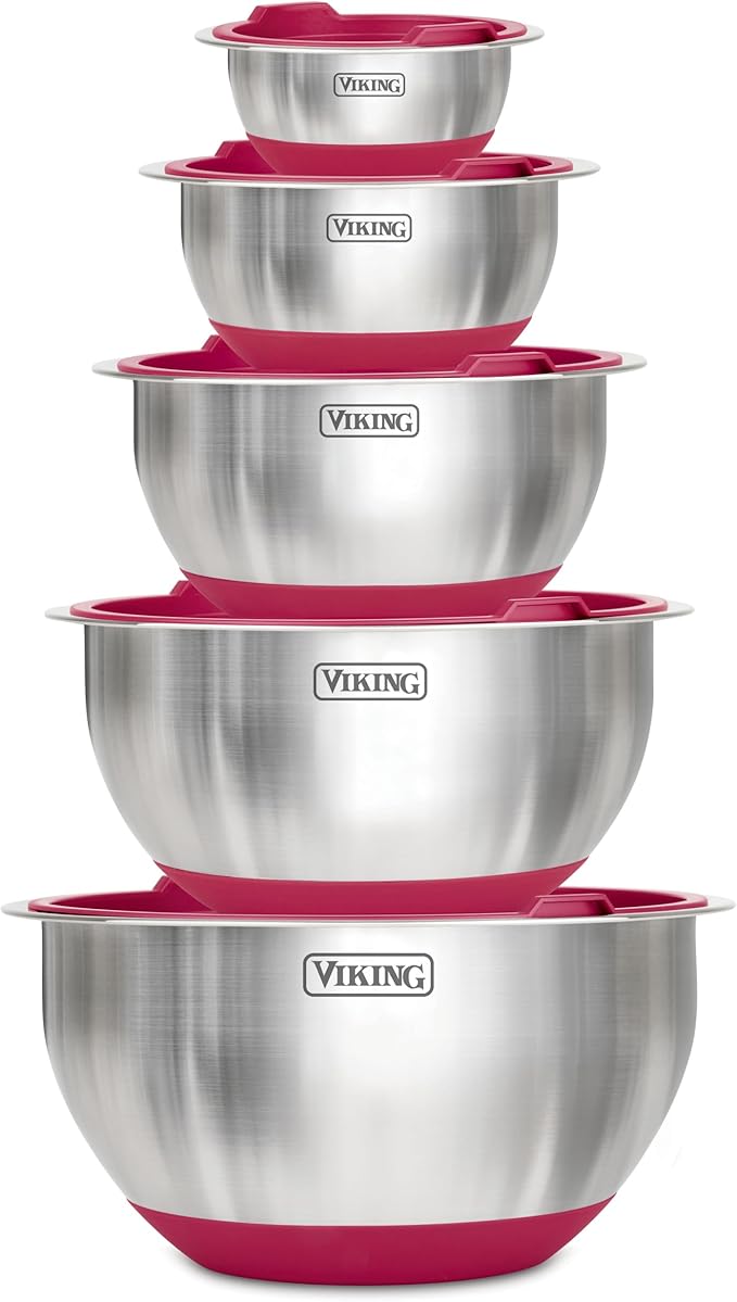 Viking Mixing Bowls Set, 10 Piece Stainless Steel Kitchen Cookware, Non-Slip Silicone Base, Includes Tight Fit Lids, Dishwasher Safe