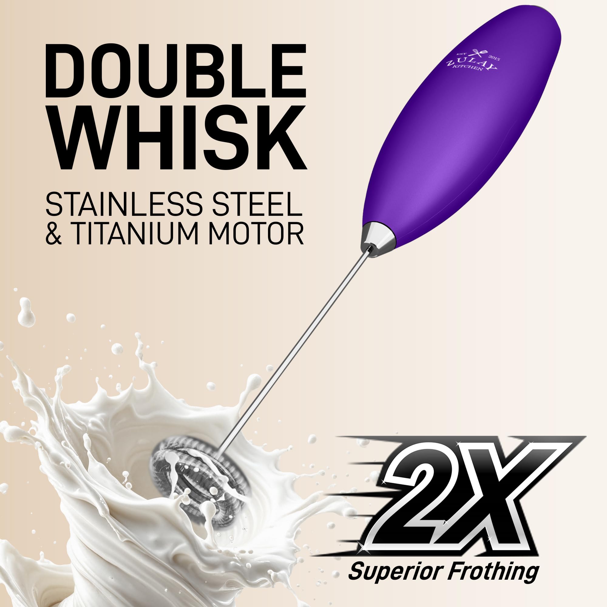 Zulay Kitchen Powerful Milk Frother Wand With Duracell Batteries - Ultra Fast Handheld Drink Mixer - Electric Whisk Foam Maker for Coffee, Lattes, Cappuccino & Matcha - Double Whisk - Purple