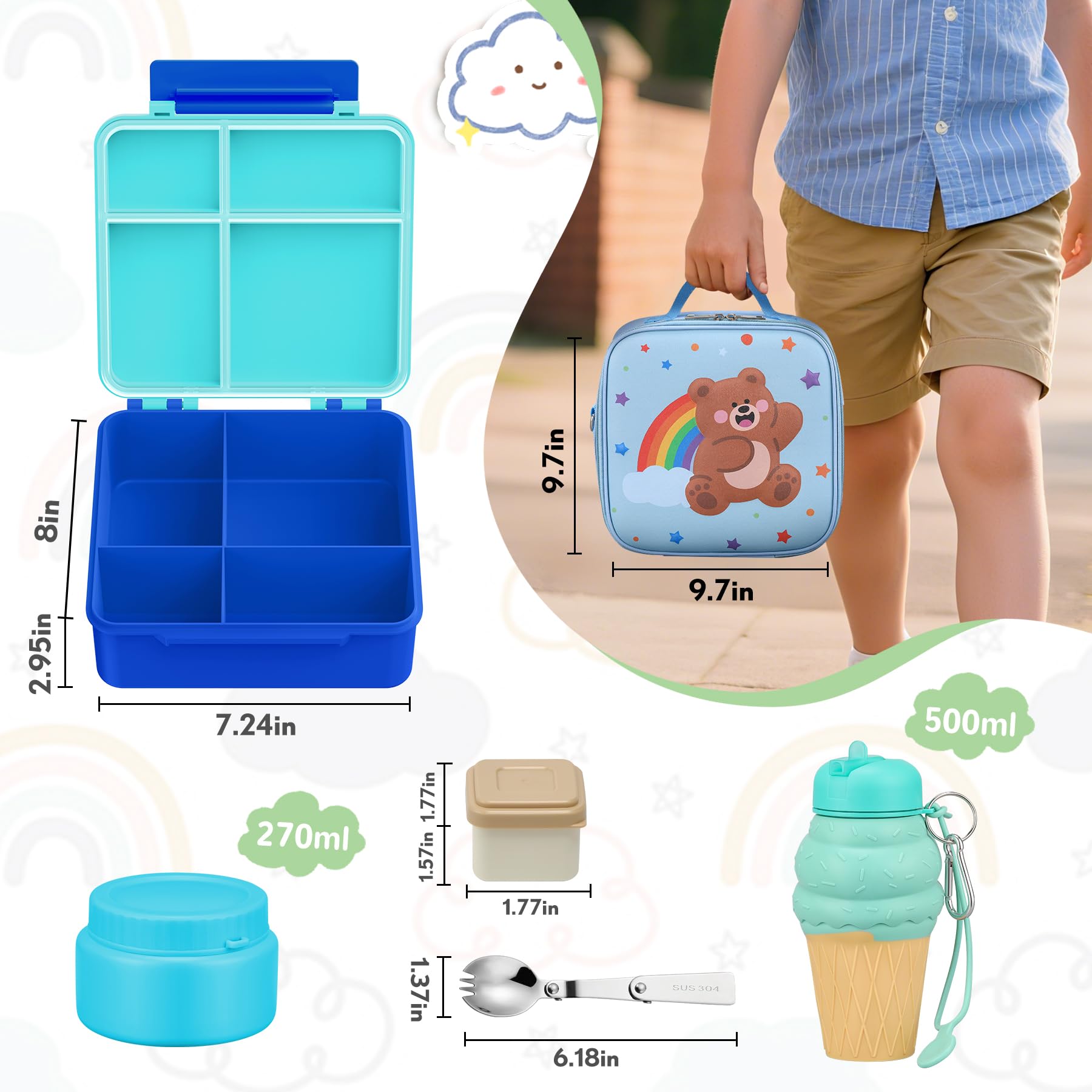 HAWEEK Lunch Box Kids with 5 Compartments, Insulated Food Jar & Utensil & Sauce Container & Lunch Bag & Silicone Collapsible Cup, Leak Proof Bento Box, BPA-Free & Dishwasher Safe-Blue