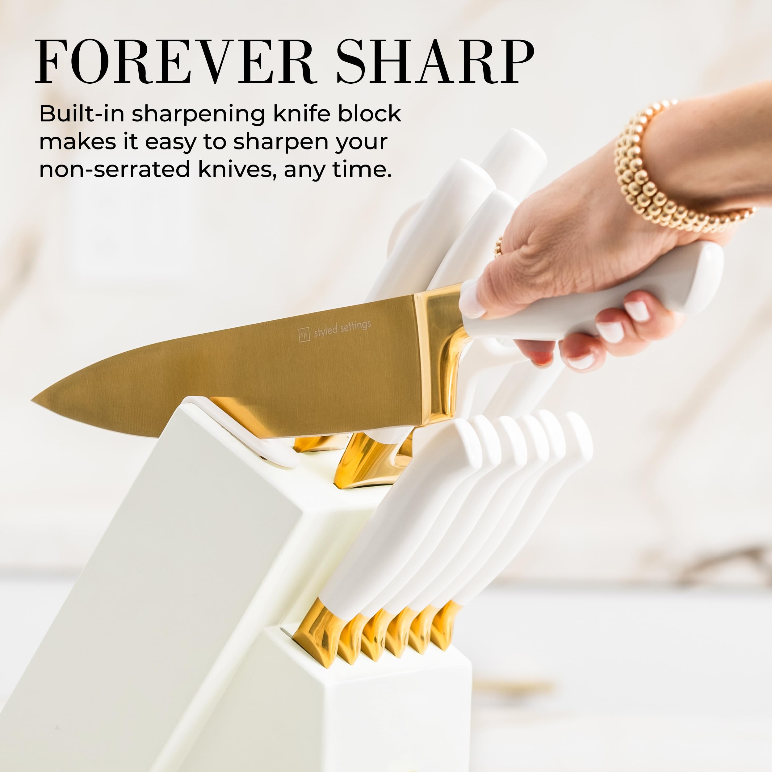 Styled Settings White and Gold Knife Set with Block and Sharpener 14-Piece