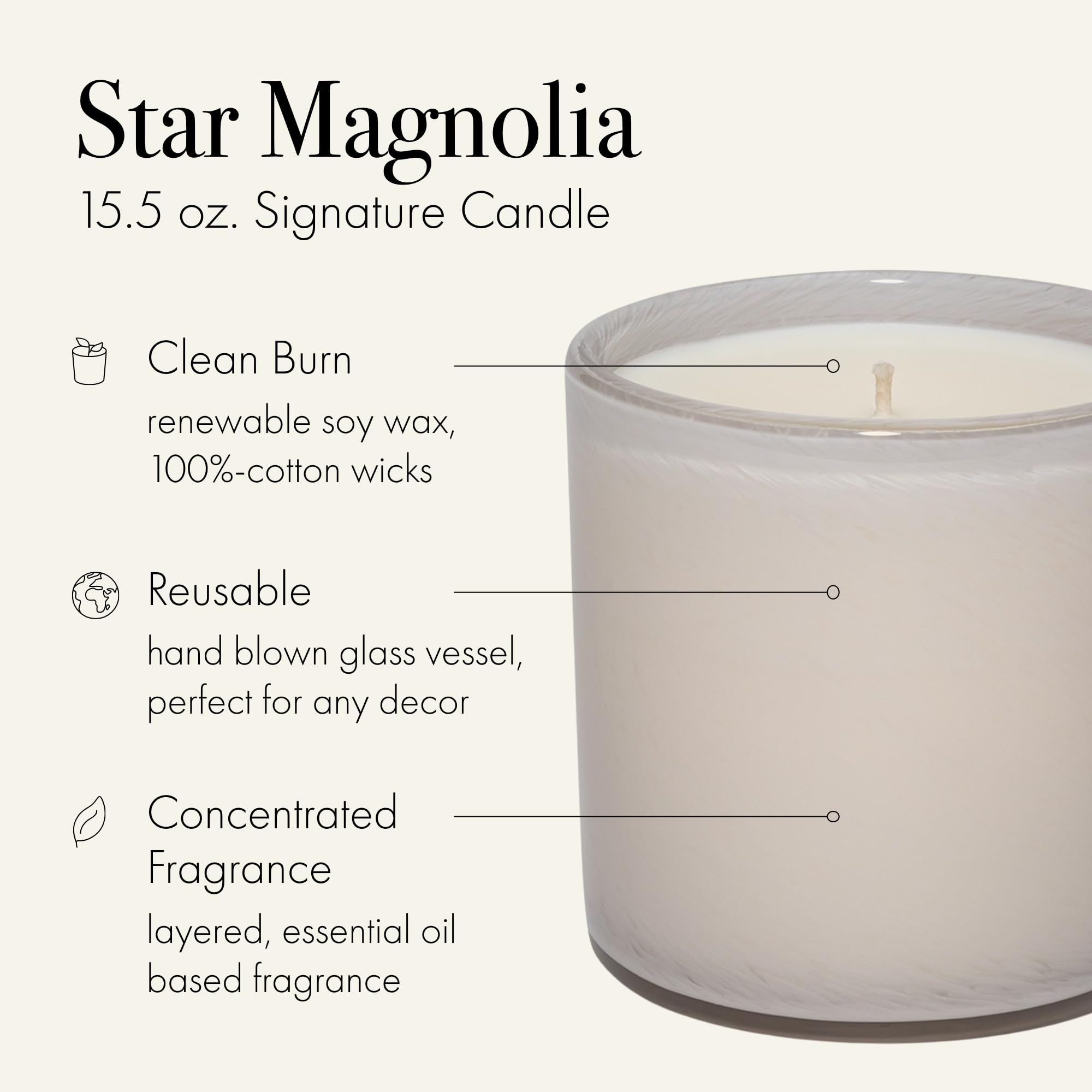 LAFCO New York Signature Candle, Star Magnolia - 15.5 oz - 90-Hour Burn Time - Reusable, Hand Blown Glass Vessel - Made in the USA