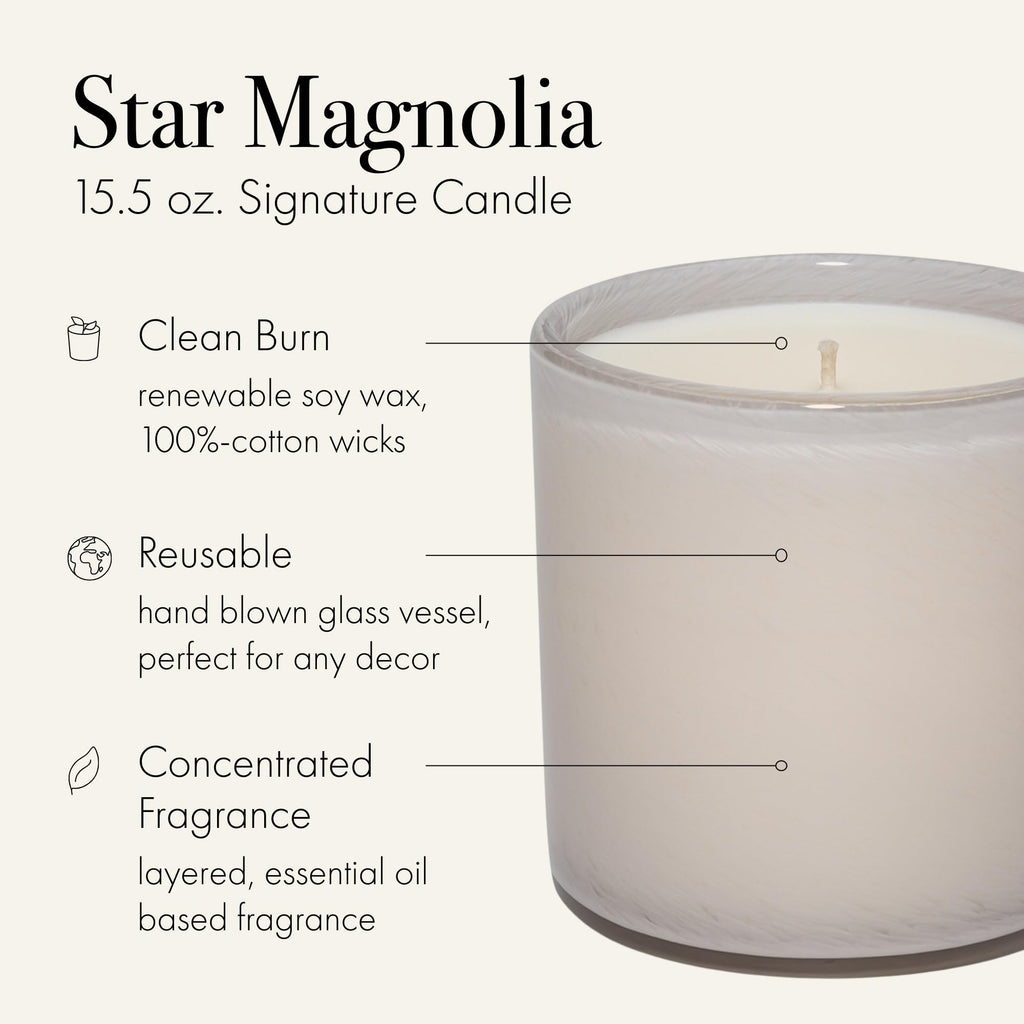LAFCO New York Signature Candle, Star Magnolia - 15.5 oz - 90-Hour Burn Time - Reusable, Hand Blown Glass Vessel - Made in the USA