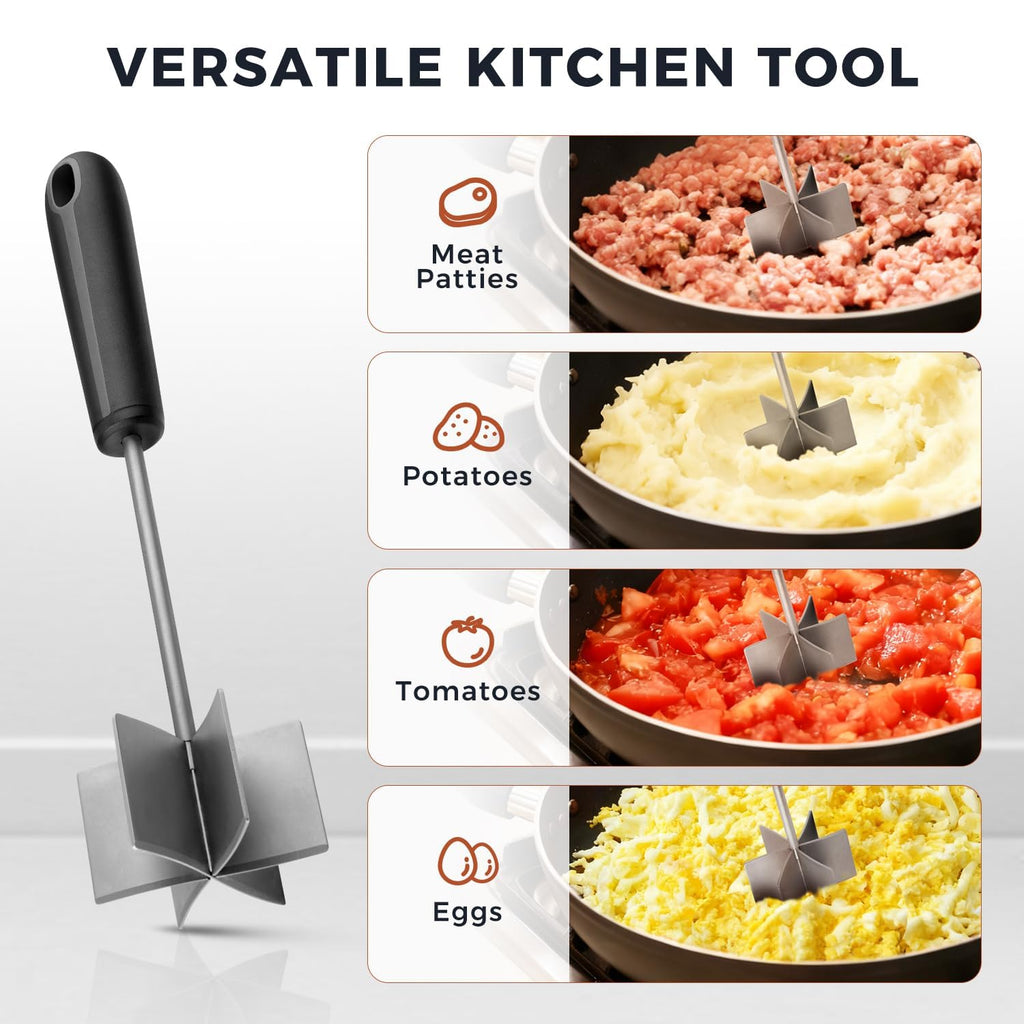 304 Stainless Steel Meat Chopper & Masher, Coinicxcel 10 Inch Heat Resistant Ground Beef Chopper Tool with 6 Curve Blades & Ergonomic Non-Slip Handle, Heavy-Duty Hamburger Smasher Tool Dishwasher Safe