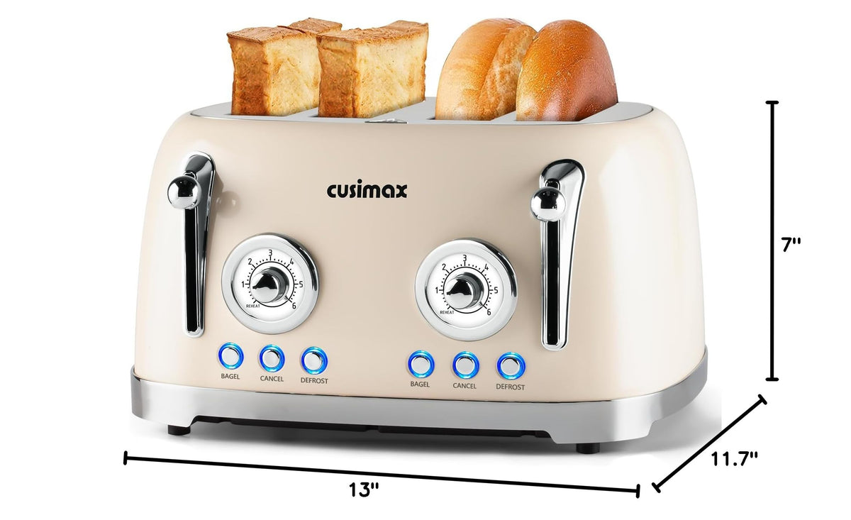 CUSIMAX Toaster 4 Slice, Retro Toaster with Wide Slots for Bagels, Cream