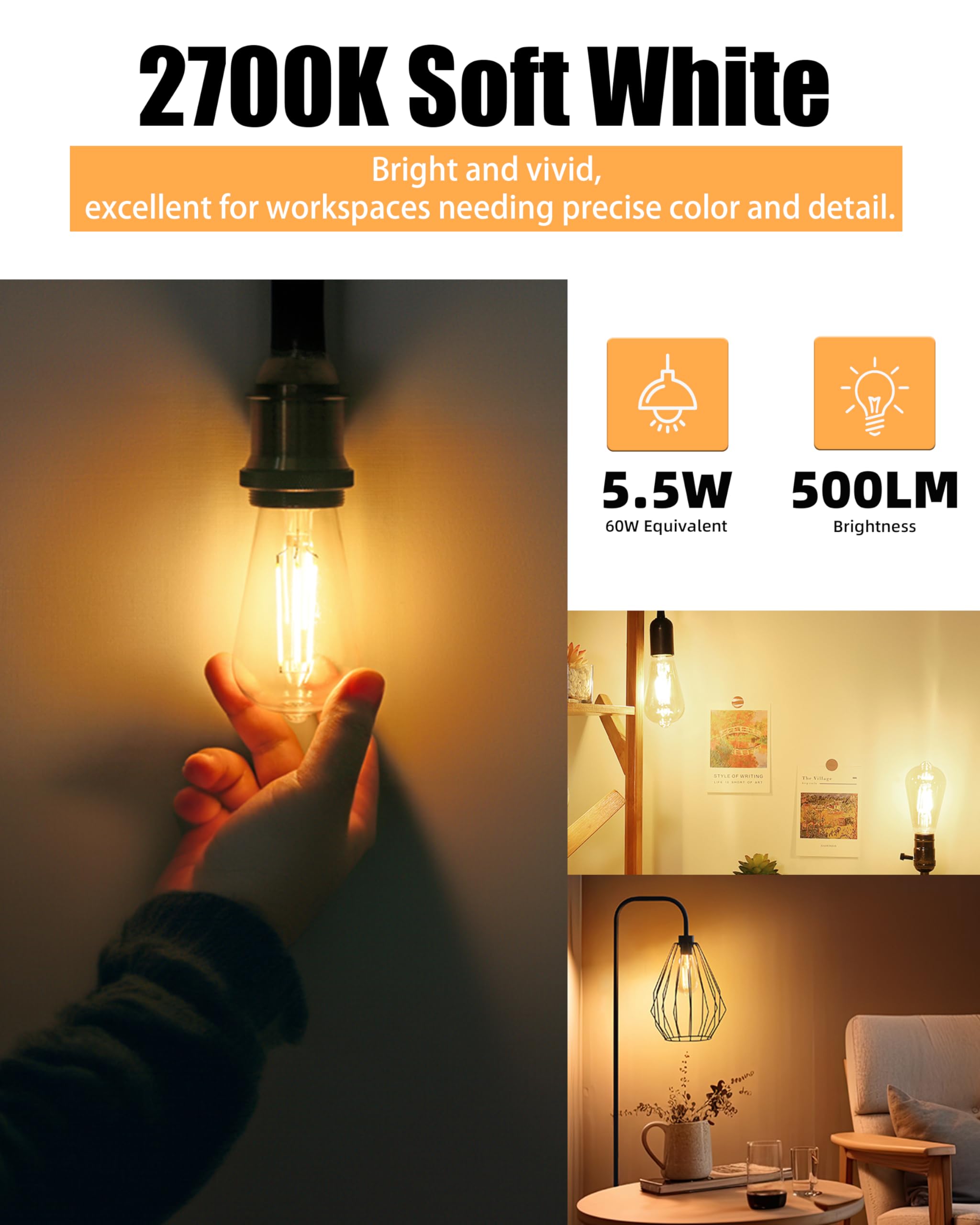 Lumiverse 60 Pack E26 led Bulb 60 watt dimmable Vintage LED Edison Bulbs 5.5W, 60W Equivalent, 2700K Soft White, Antique Style ST19/ST58 LED Light Filament Bulbs, CRI 90+, E26 Base