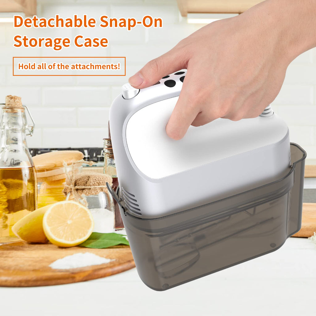 Yomelo 9-Speed Digital Hand Mixer Electric, 400W Powerful DC Motor, Hand Mixer Electric Handheld with Snap-On Storage Case, 5 Stainless Steel Accessories, Beaters, Dough Hooks, Whisk(Silvery White)