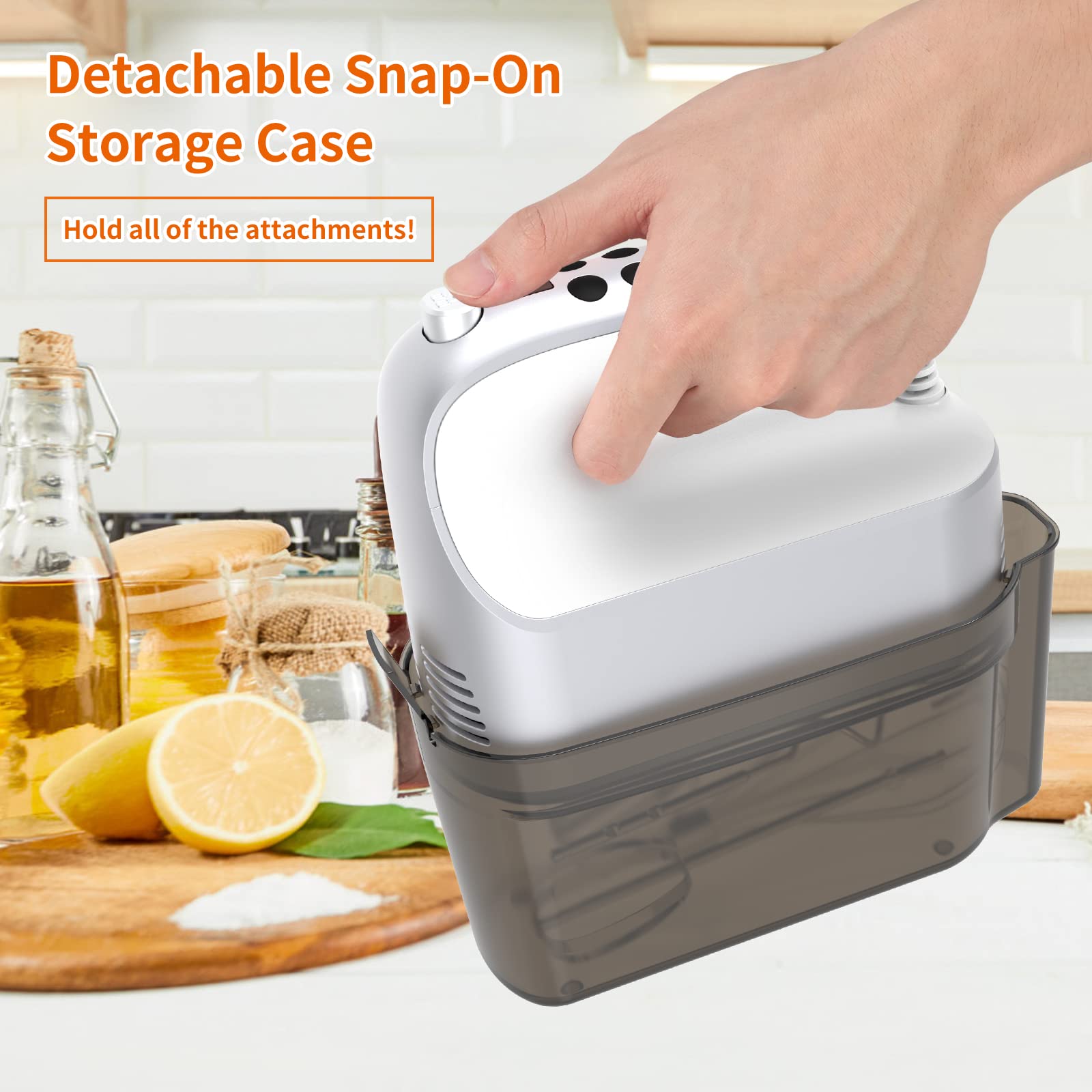 Yomelo 9-Speed Digital Hand Mixer Electric, 400W Powerful DC Motor, Hand Mixer Electric Handheld with Snap-On Storage Case, 5 Stainless Steel Accessories, Beaters, Dough Hooks, Whisk(Silvery White)