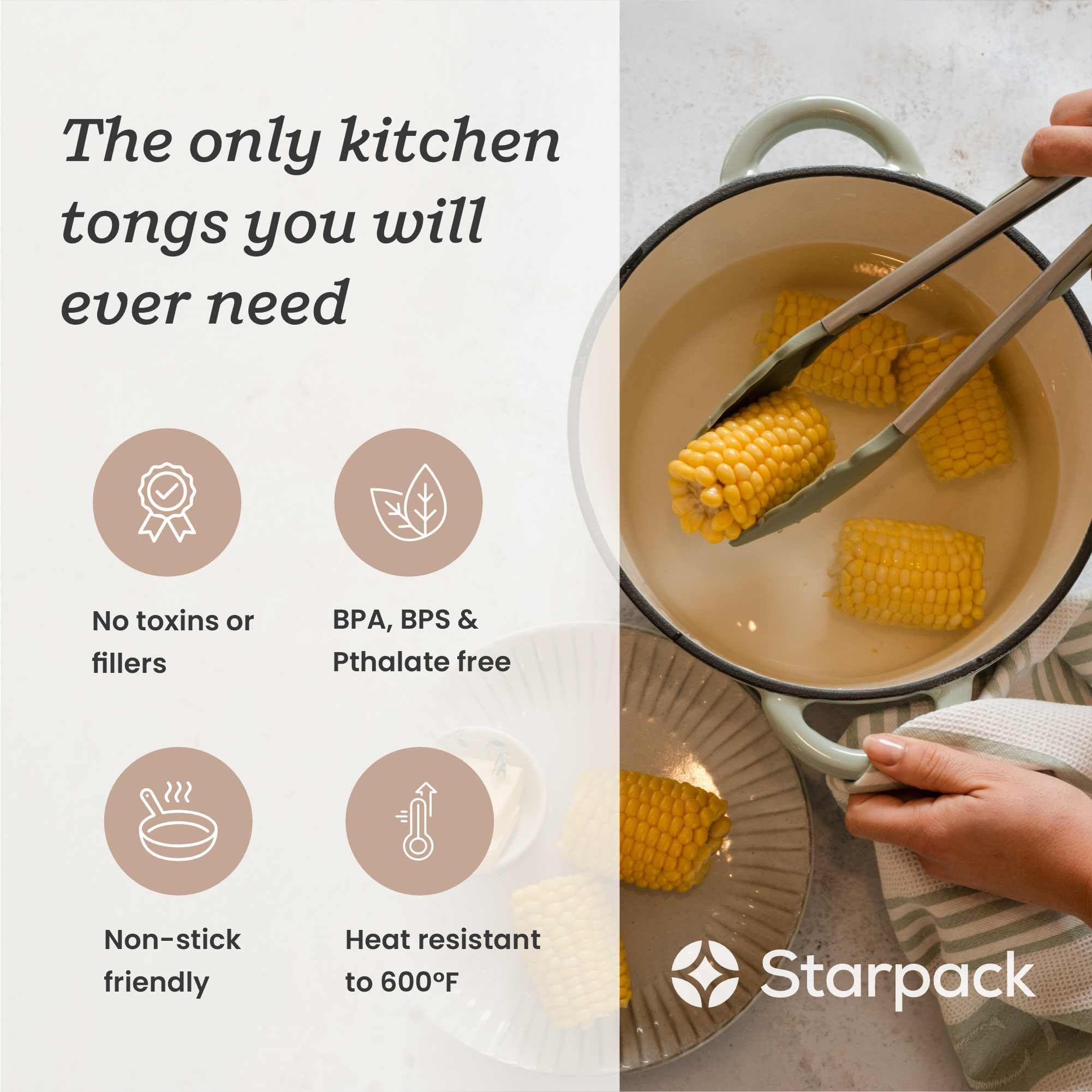 Starpack Get a Grip Silicone Kitchen Tongs (12 Inch) - LFGB Non Toxic, 600°F Heat Resistant, BPA-Free - Heavy-Duty Stainless Steel, Locking - Dishwasher Safe for Nonstick Cookware