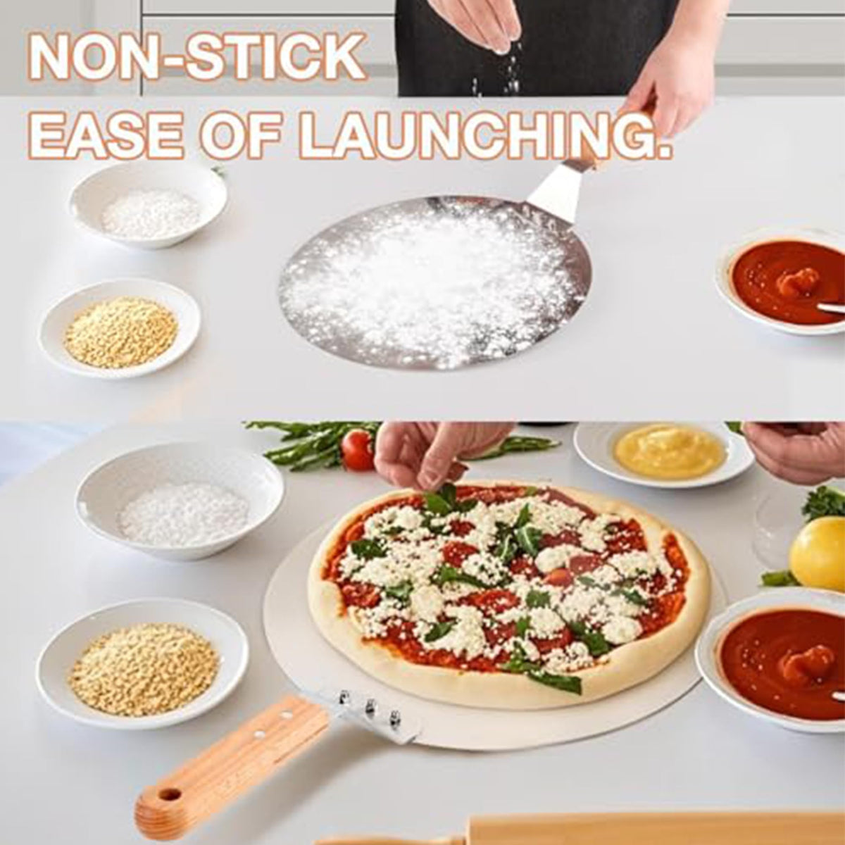 FLYZZA 12 Inch Stainless Pizza Peel, Pizza Spatula with Ergonomic Long Wood Handle for Pizza Oven Baking, Turing Peel for Pizza, Dough, Bread Pastry
