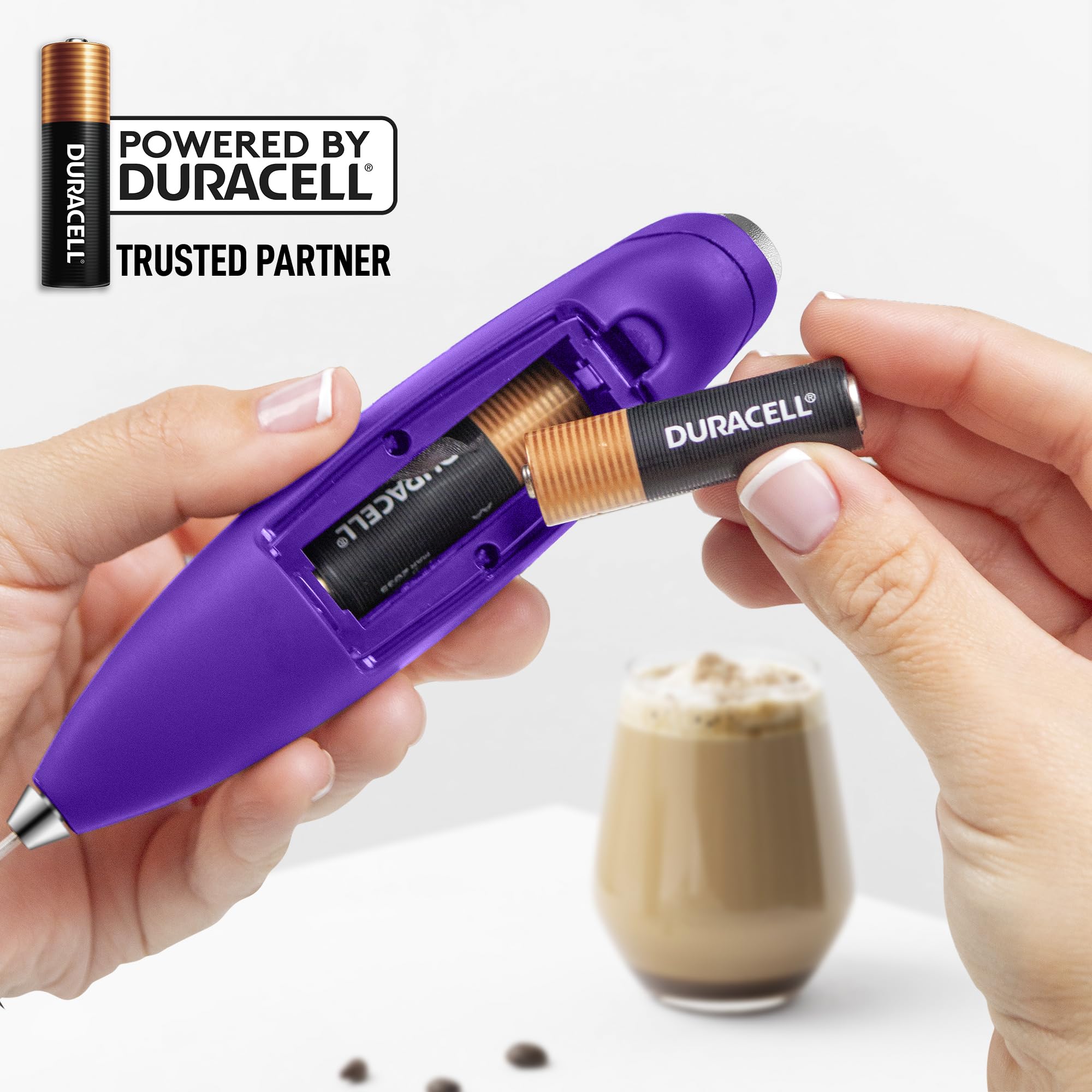 Zulay Kitchen Powerful Milk Frother Wand With Duracell Batteries - Ultra Fast Handheld Drink Mixer - Electric Whisk Foam Maker for Coffee, Lattes, Cappuccino & Matcha - Double Whisk - Purple