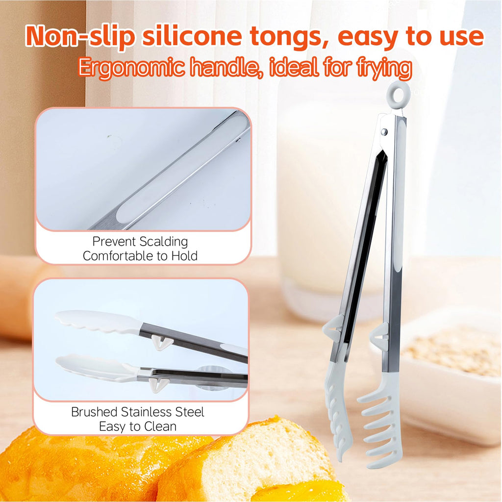 Kitchen Tongs,Set Of 3 Tongs with Silicone Tip for Cooking 9/12 Inch Stainless Steel Kitchen Tong for Meat,Food Grill,Salad,BBQ,Frying,Serving,Dishwasher (White, 9 Inch)