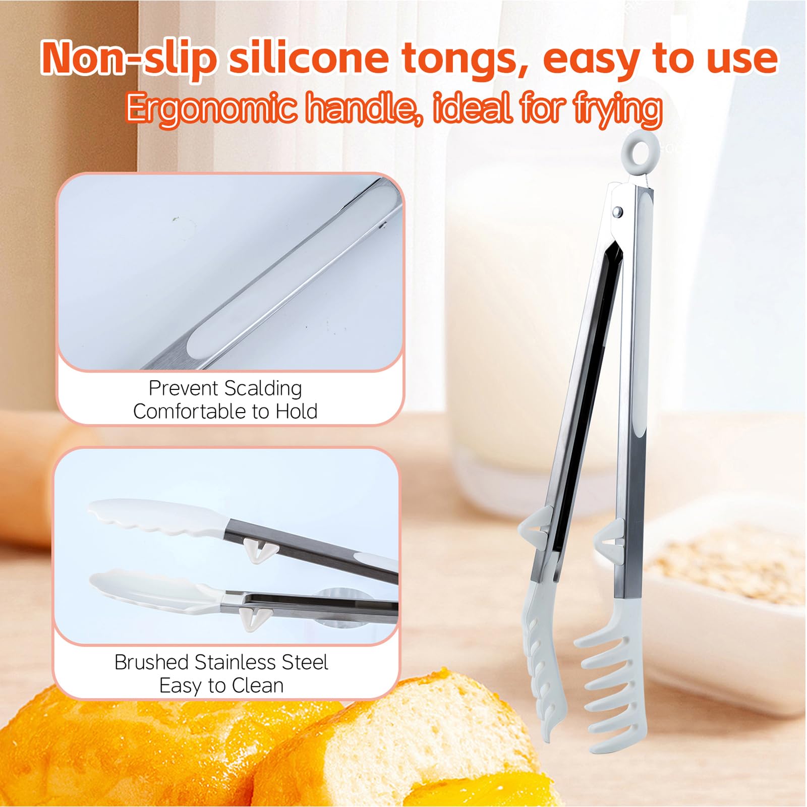 Kitchen Tongs,Set Of 3 Tongs with Silicone Tip for Cooking 9/12 Inch Stainless Steel Kitchen Tong for Meat,Food Grill,Salad,BBQ,Frying,Serving,Dishwasher (White, 9 Inch)