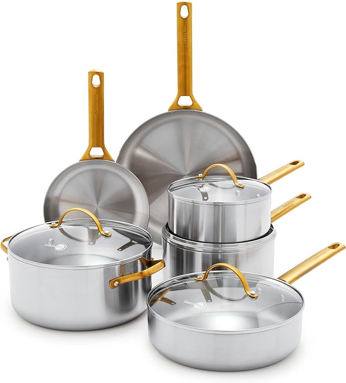 GreenPan Stainless Steel Tri-Ply Reserve 10” and 12” Frying Pan Skillet Set, Multiclad Cookware, Induction, Oven & Broiler Safe to 600°F, Heat Responsive Core, Dishwasher Safe, Gold Handles
