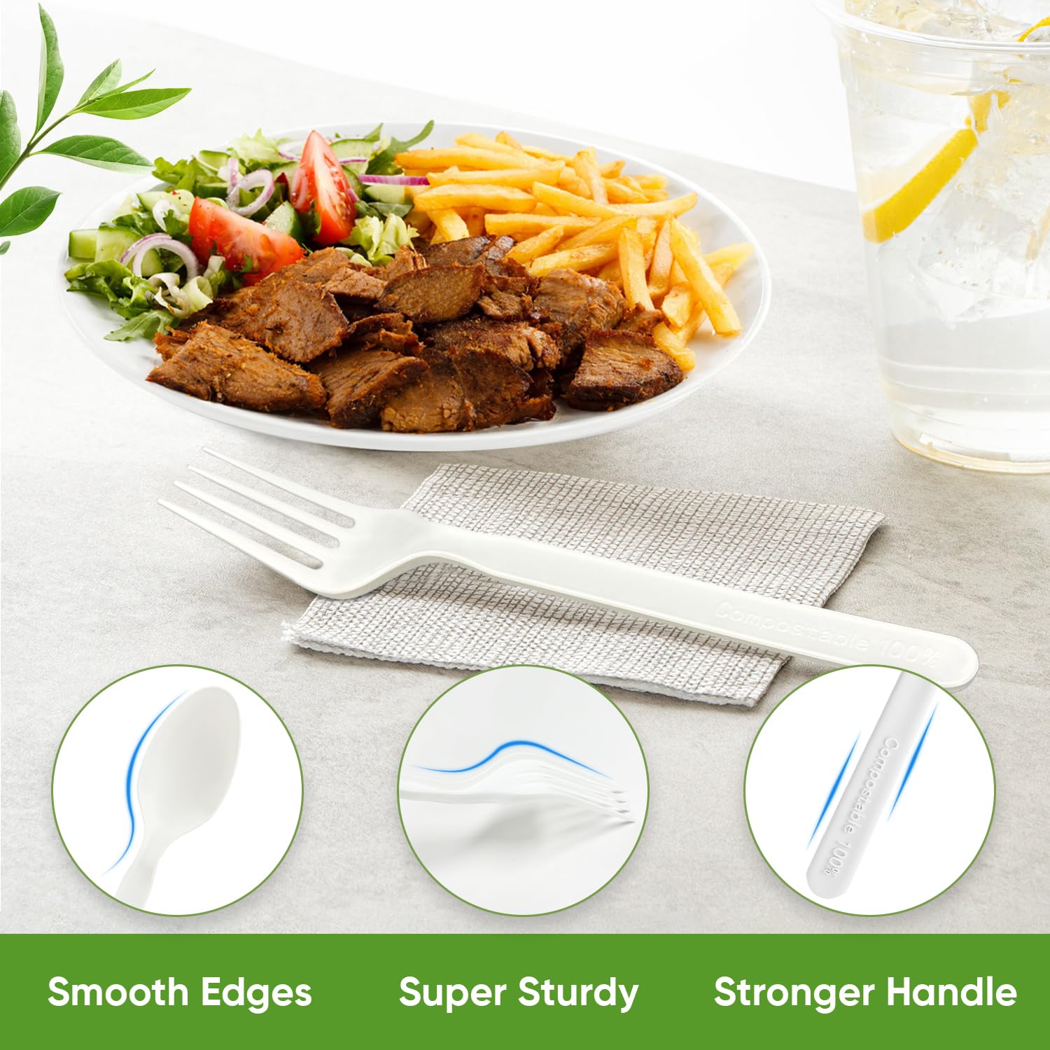 SUYANGECO Compostable Disposable Forks 100 Count Compostable Forks Bulk No Plastic Forks Heavy Duty Biodegradable Forks Eco Friendly for Lounge Party Wedding Picnic Camping