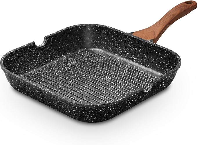 ESLITE LIFE 9.5 Inch Nonstick Grill Pan for Indoor Cooking, Versatile Induction Square Large Grilling Skillet Steak Pan for Stove Tops, PTFE & PFOA Free, Black