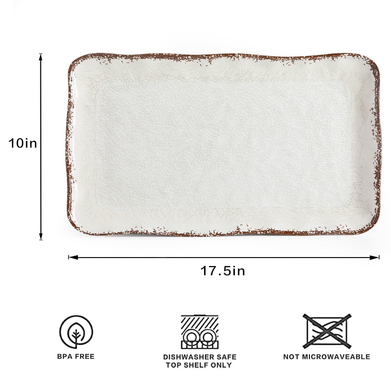 LEHAHA Farmhouse Large Serving Platters, 2 Piece Melamine Dinnerware Set, 17.5 x 10 Inches Vintage Serving Tray, Rectangle White Rustic Trays Set of 2