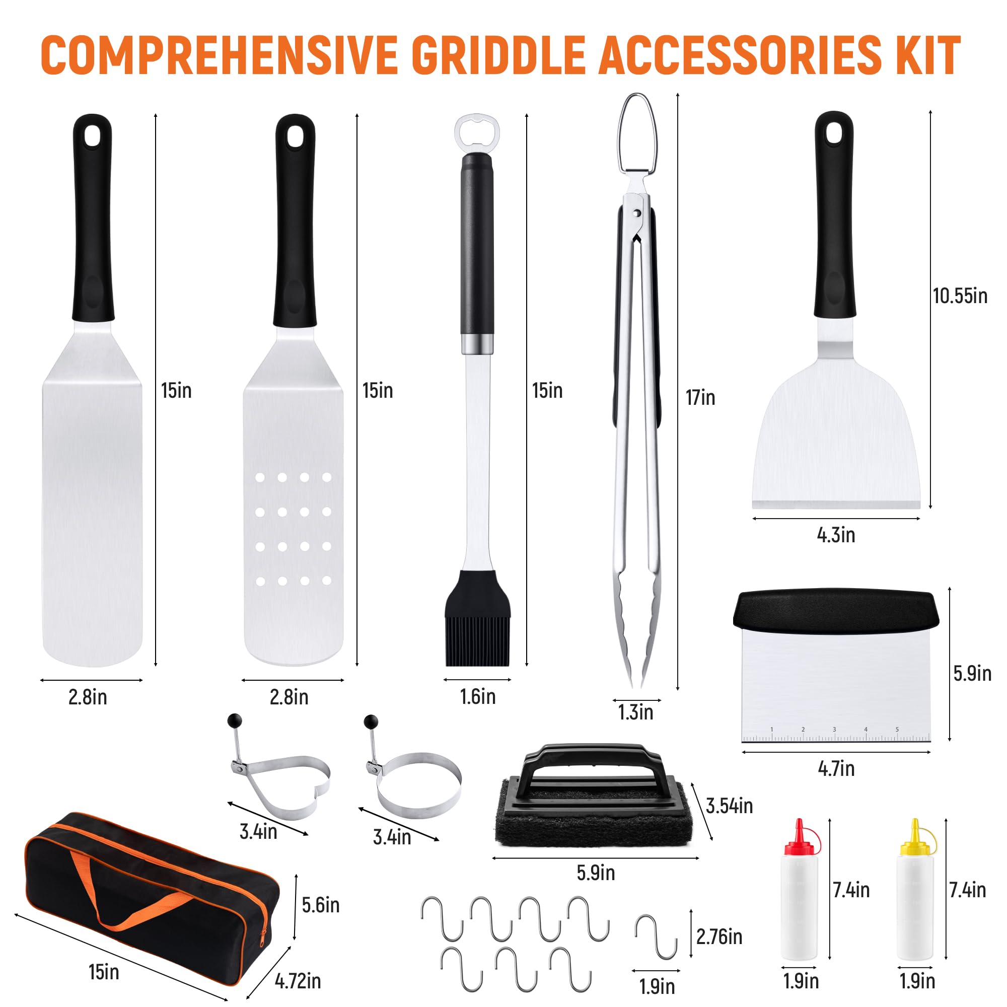 Griddle Accessries Kit, 20Pcs Stainless Steel Metal Spatula Set, Grill BBQ Spatula Utensils Set with Storage Bag, Professional Grill Spatula Set for Men Women Outdoor BBQ & Camping