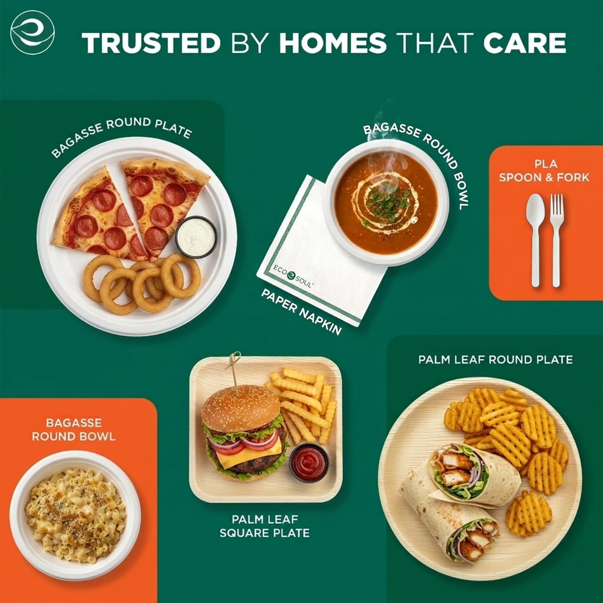 ECO SOUL 10 Inch Disposable Bagasse Paper Plates (100 Pack, Square)