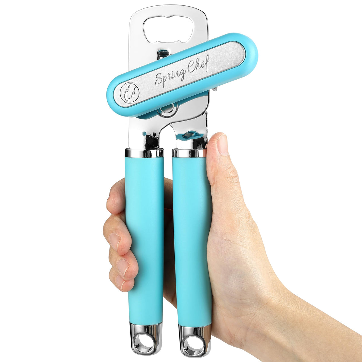 Spring Chef Stainless Steel Manual Can Opener w/Soft Grip Handle, Aqua Sky