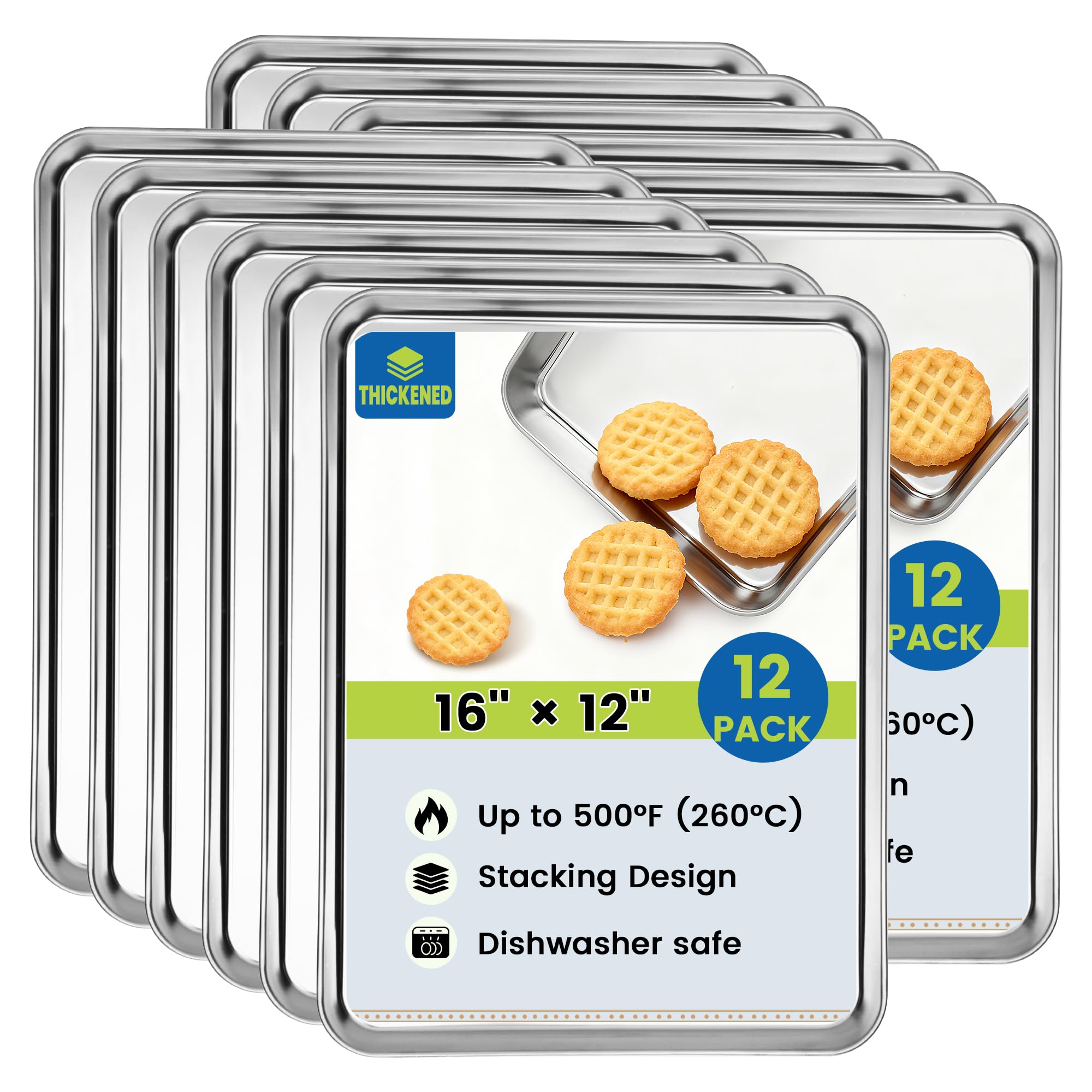 BIEAMA 12 Pack Stainless Steel Toaster Oven Baking Sheets, 16 x 12 in