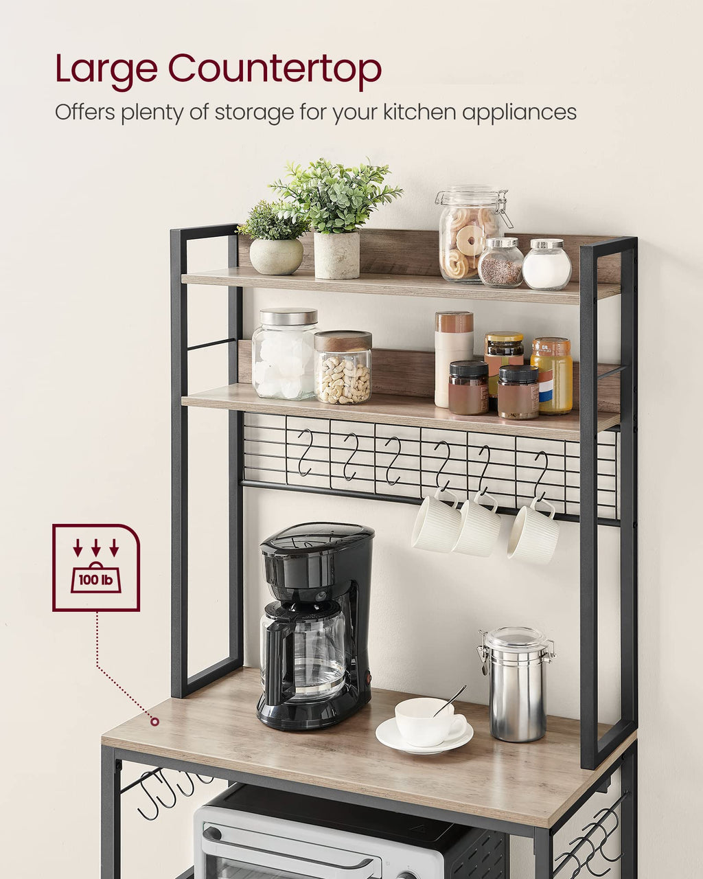 VASAGLE Bakers Rack with Power Outlet, Microwave Stand, Kitchen Tall Utility Storage Shelf, with Metal Wire Panel, 14 Hooks, 15.7 x 31.5 x 66.9 Inches, Heather Greige and Ink Black UKKS025B02