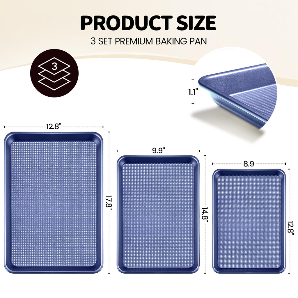 Vinino Baking Sheet Set of 3, Cookie Sheets For Baking with Square Texture Pattern, Thicker Carbon Steel Non-stick Baking Pan Half/Quarter/Jelly Roll Pans Tray for Oven-Blue