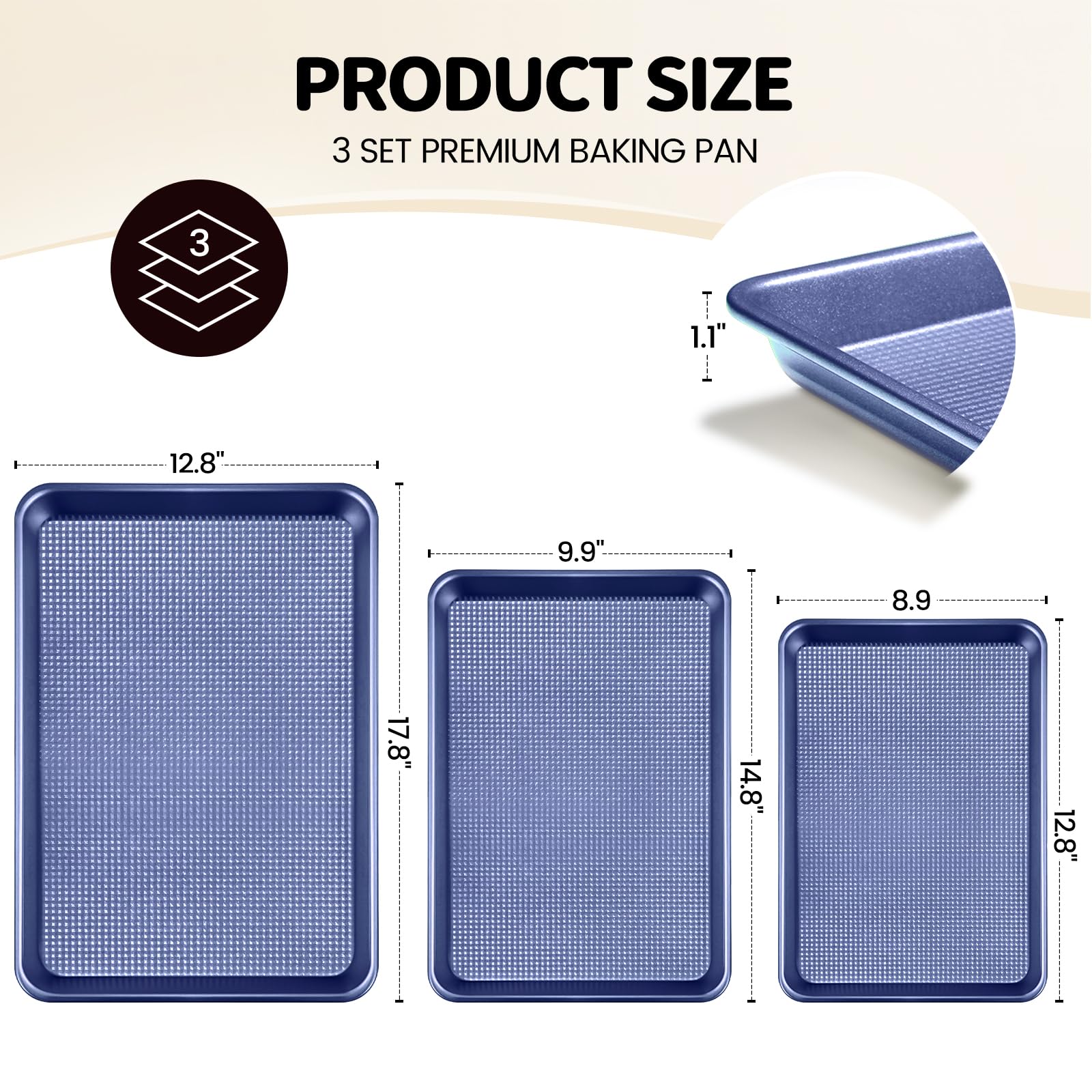 Vinino Baking Sheet Set of 3, Cookie Sheets For Baking with Square Texture Pattern, Thicker Carbon Steel Non-stick Baking Pan Half/Quarter/Jelly Roll Pans Tray for Oven-Blue