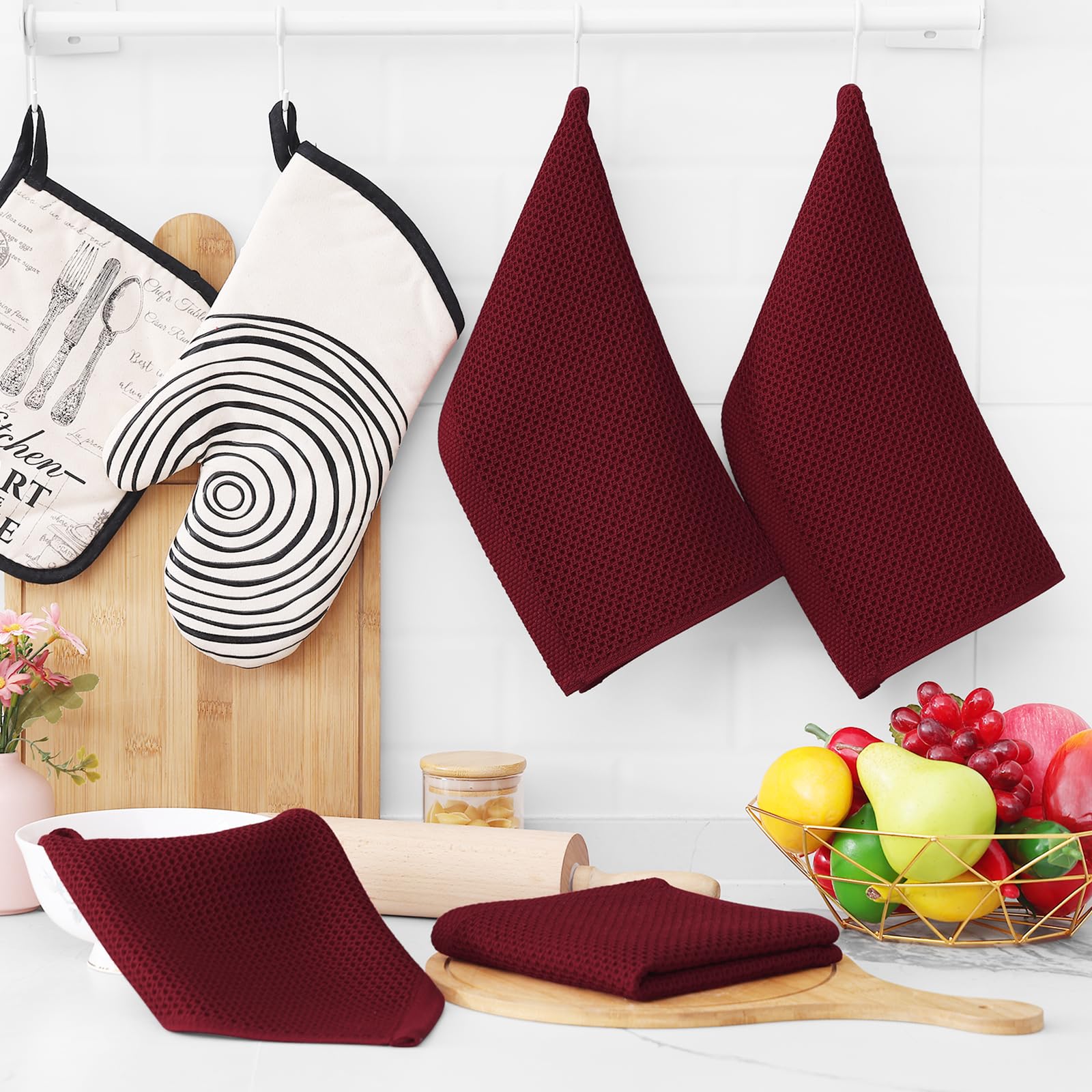 Homaxy 100% Cotton Waffle Weave Kitchen Dish Cloths, Ultra Soft Absorbent Quick Drying Dish Towels, 12 x 12 Inches, 6-Pack, Burgundy