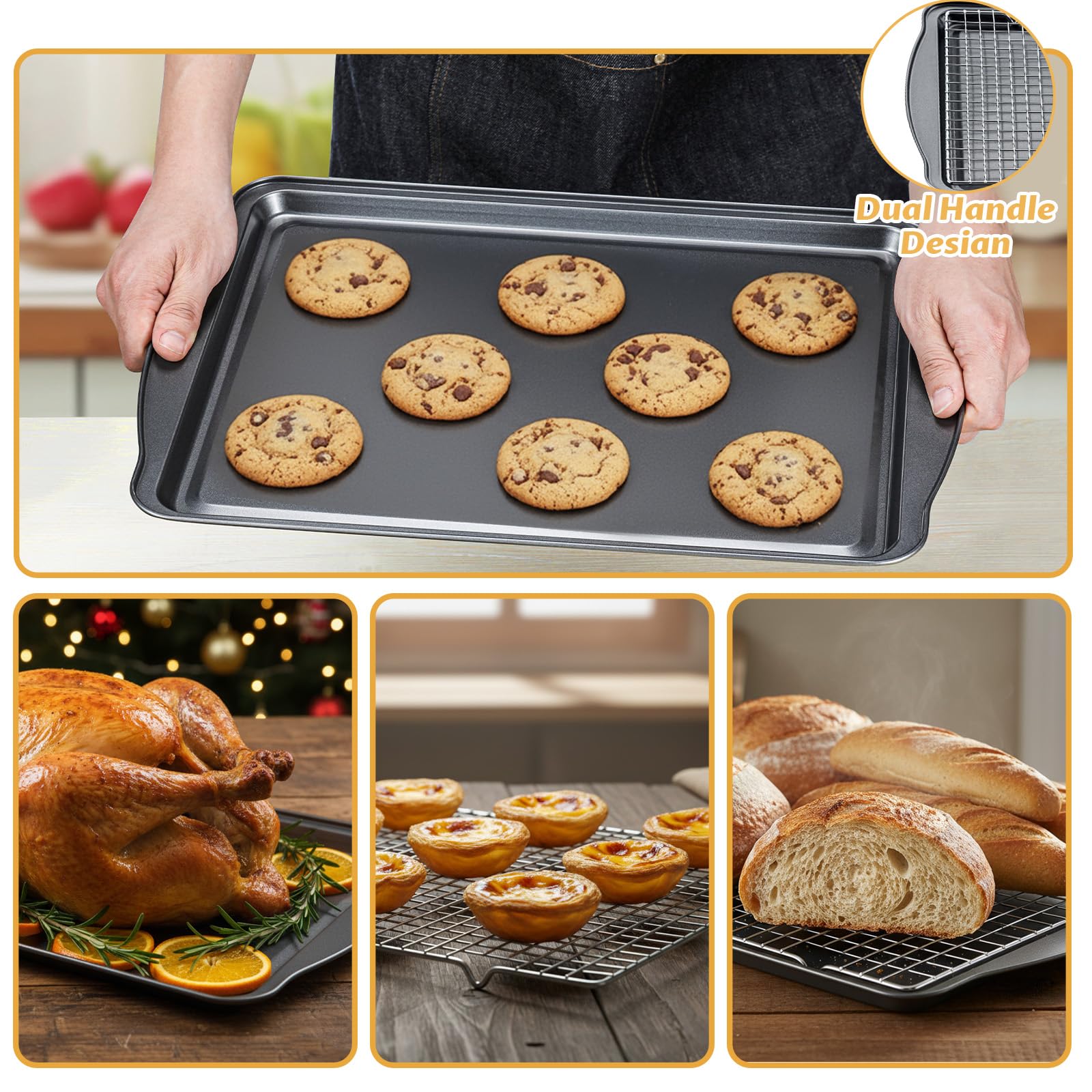 Gymdin Baking Sheet with Cooling Racks - 17'' x 11" x 0.5" Carbon Steel Cookie Sheets for Baking [2 Sheets + 2 Racks], Nonstick Baking Pans, Perfect for Baking, Roasting, and More