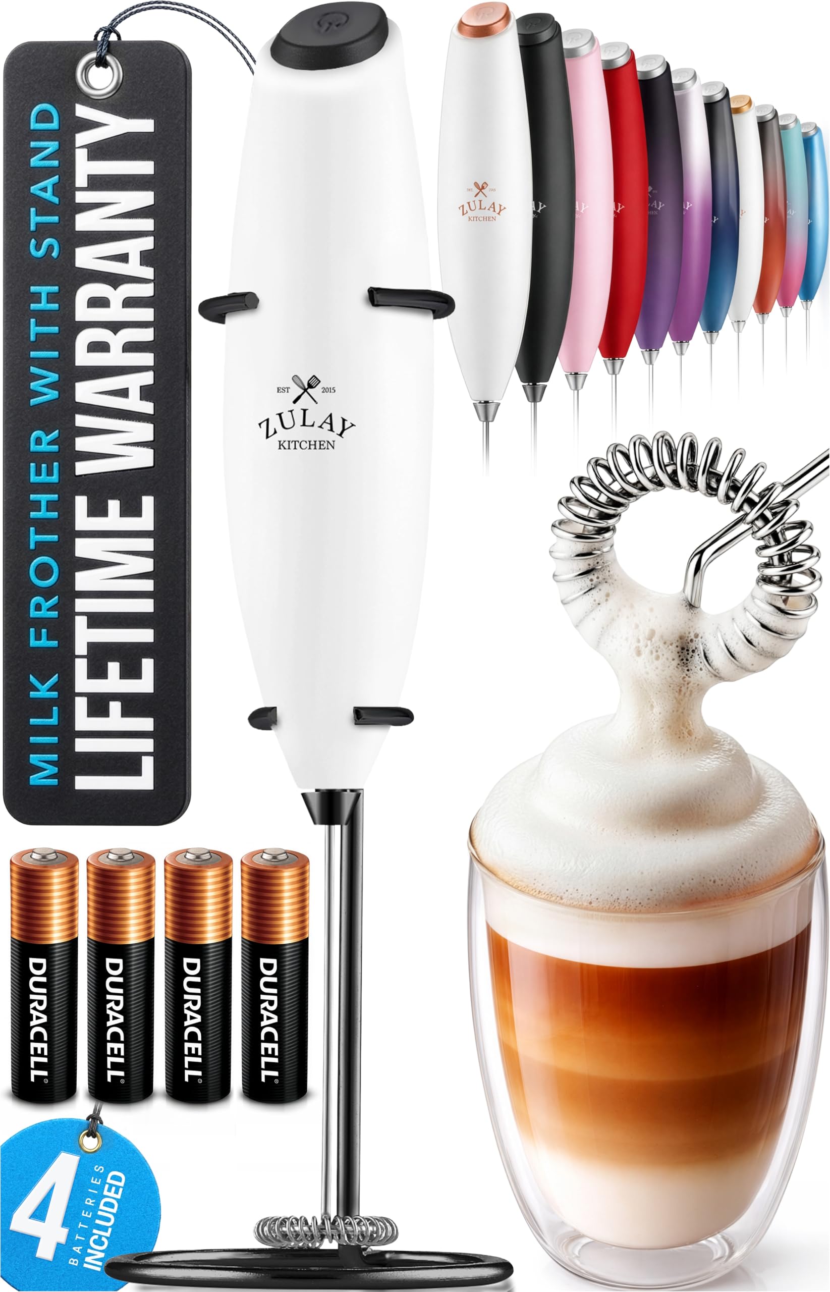 Zulay Kitchen Powerful Milk Frother Wand With Duracell Batteries - Ultra Fast Handheld Drink Mixer - Electric Whisk Foam Maker for Coffee, Lattes, Cappuccino & Matcha - Z1 Motor - White & Black