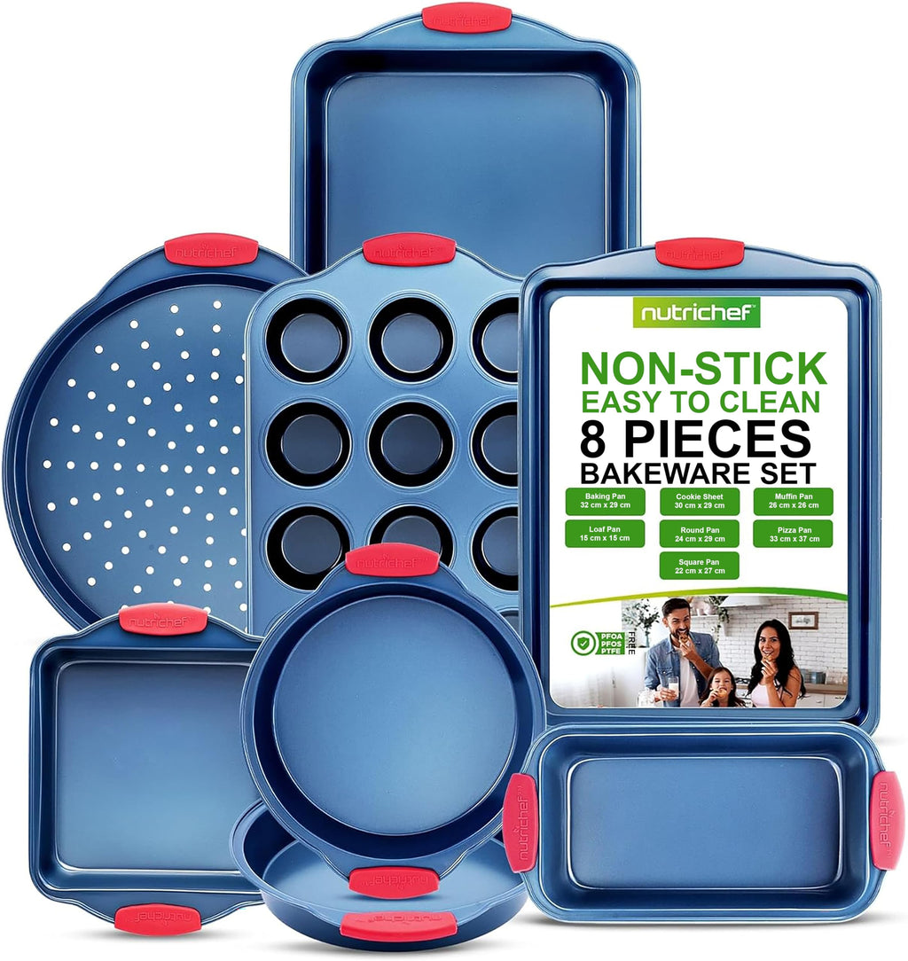 NutriChef 8-Piece Nonstick Baking Pan Set - Premium Carbon Steel Bakeware w/ Silicone Handles - Includes Pizza Tray, Loaf Pan, 12-Cup Muffin Pan, Round/Square Pans, & Cookie Sheet - Blue