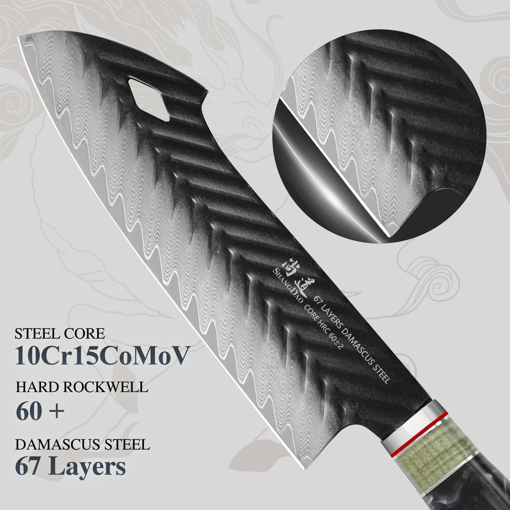 SHANGDAO Damascus Santoku Knife 7.5 Inch, 67 Layers Alloy Steel, With Professional Hand Forged Resin & Wood Handle QILIN Series