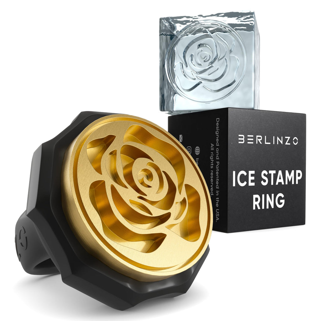 Berlinzo Ice Stamp Ring for Cube & Sphere - Custom Ice Cubes for Whiskey, Mojito Cocktails – Rose Shaped Brass Ice Stamp Rose/ 3mm Depth - Black, is_IMG_4