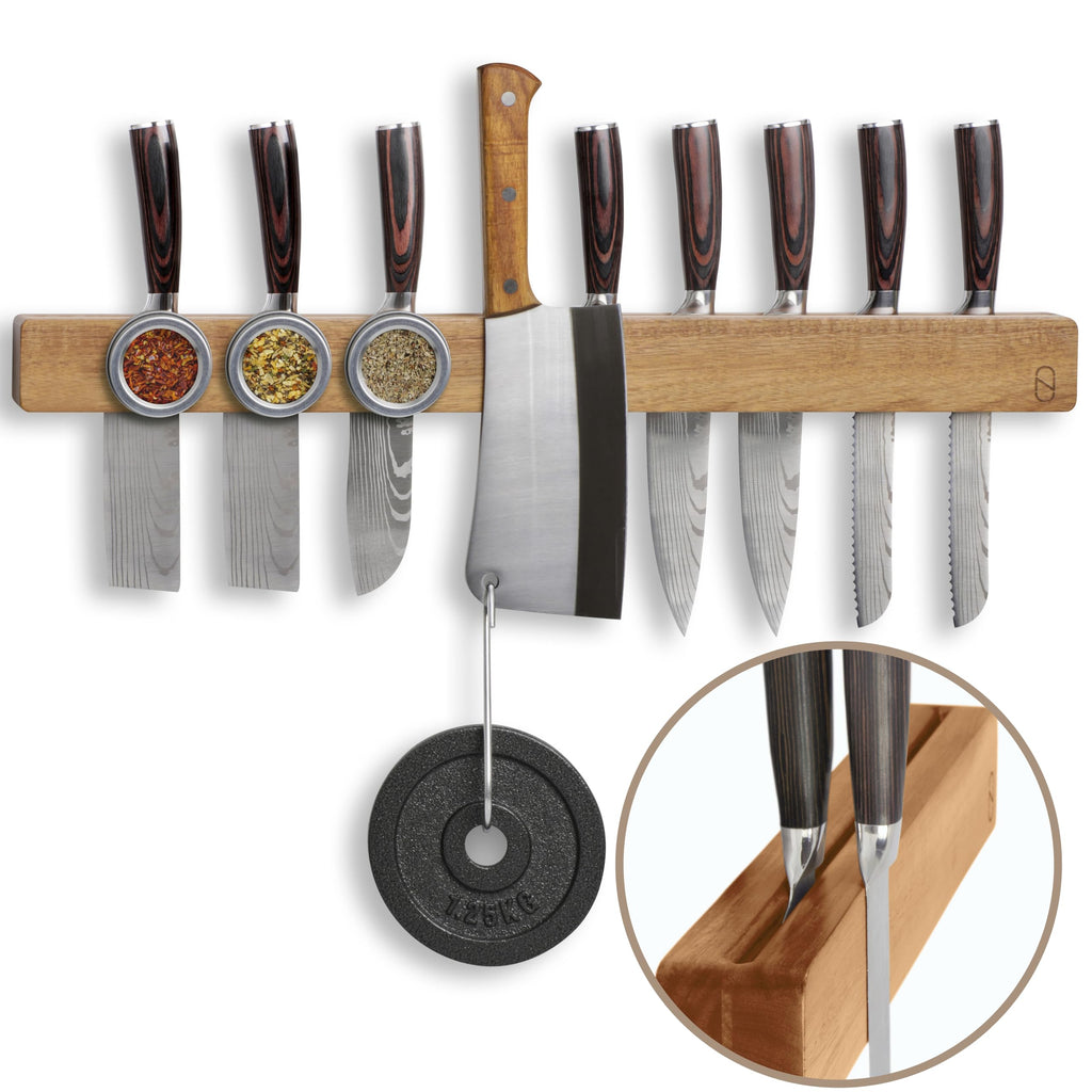 Walnut 16 inch Magnetic Knife Holder for Wall with 2x Storage & Charming Wood - Knife Magnetic Strip, Under Cabinet Magnet Knives Storage - Magnet Strip Rack Kitchen Utensil Holder Organizer Tool
