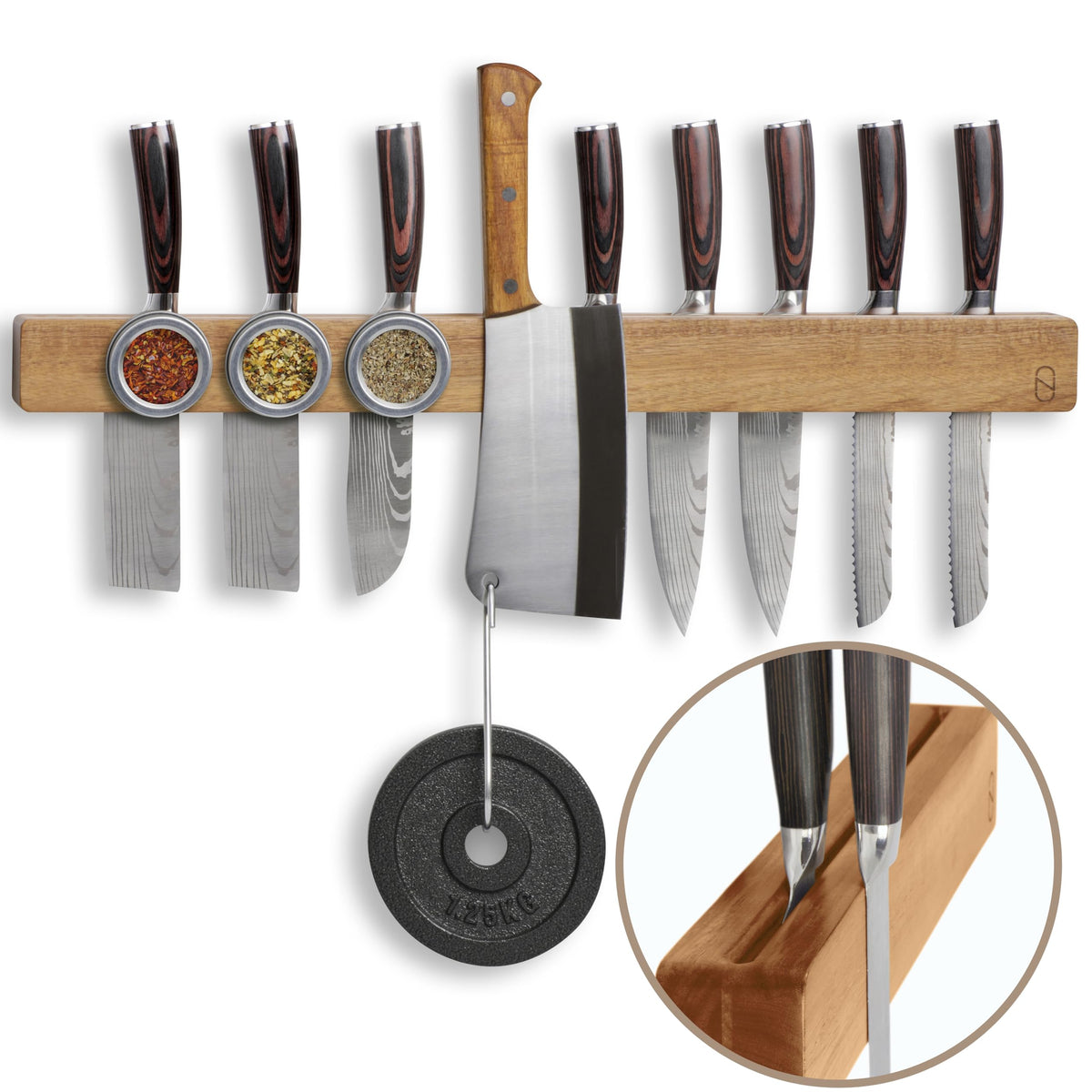 Walnut 16 inch Magnetic Knife Holder for Wall with 2x Storage & Charming Wood - Knife Magnetic Strip, Under Cabinet Magnet Knives Storage - Magnet Strip Rack Kitchen Utensil Holder Organizer Tool