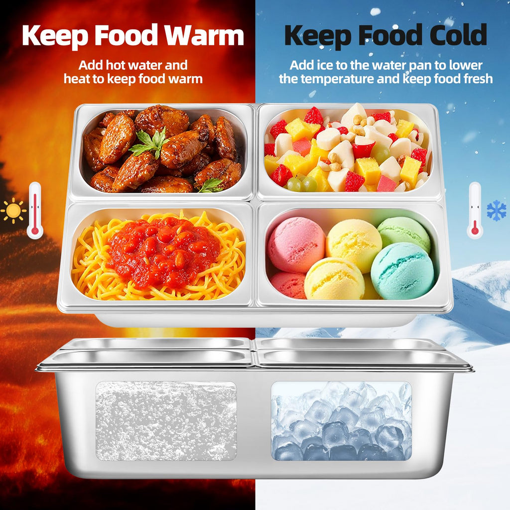 Tijvzk Stainless Steel Ice Food Serving Display Container 6 Pans 3 Ice Packs Cooled Condiment Dispenser Cold Serving Appetizer Buffet Organizer (4 Pans)
